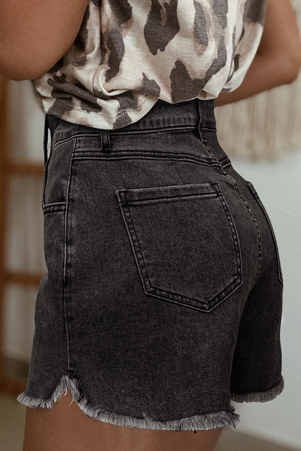 Carbon Grey Raw Hem High Waist Denim Shorts