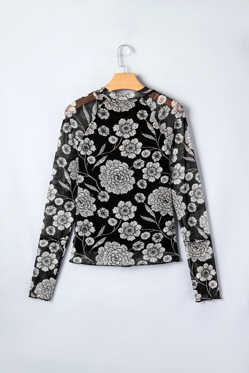Black Thumbhole Long Sleeve Floral Print Mesh Top
