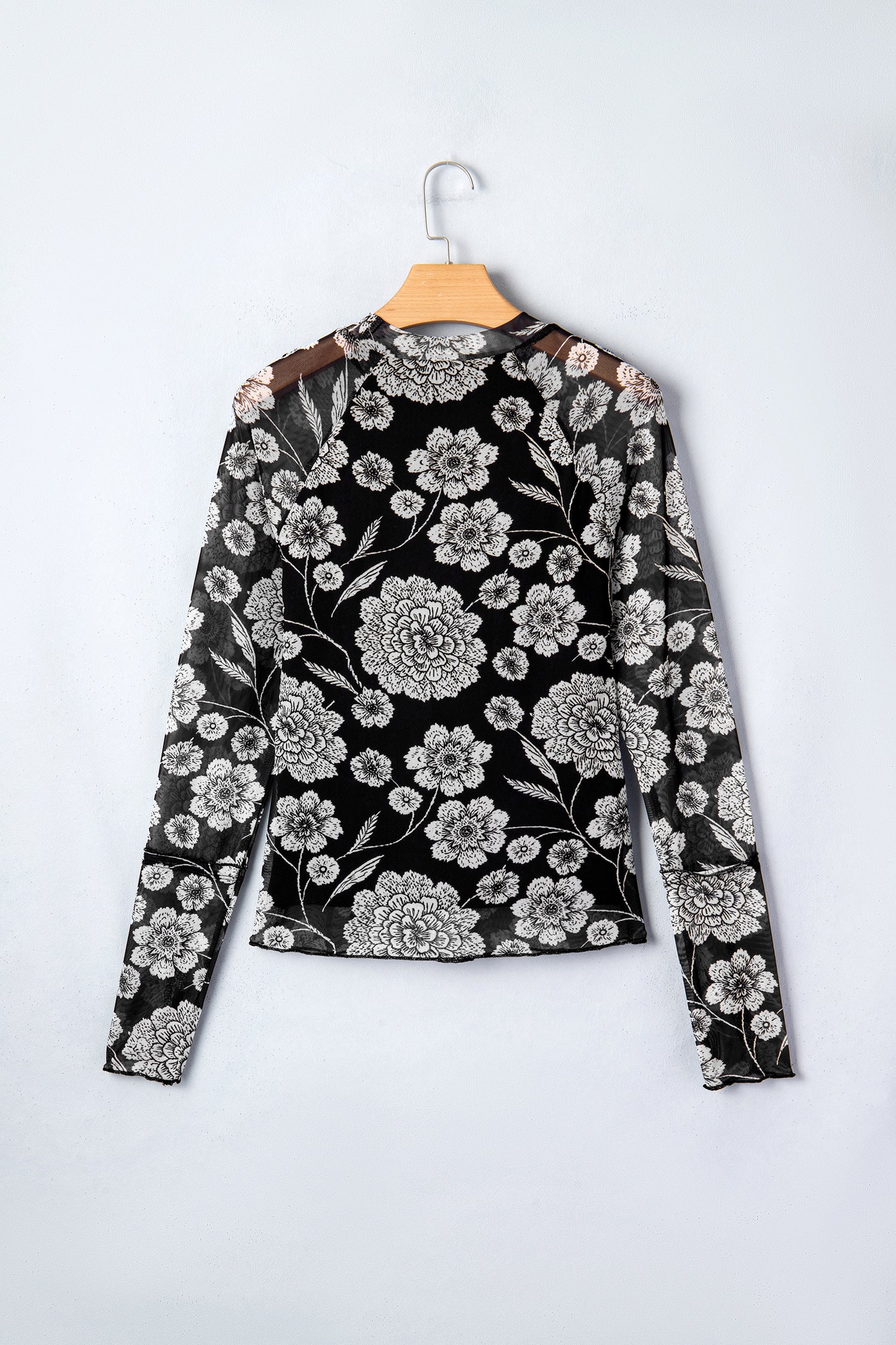 Black Thumbhole Long Sleeve Floral Print Mesh Top