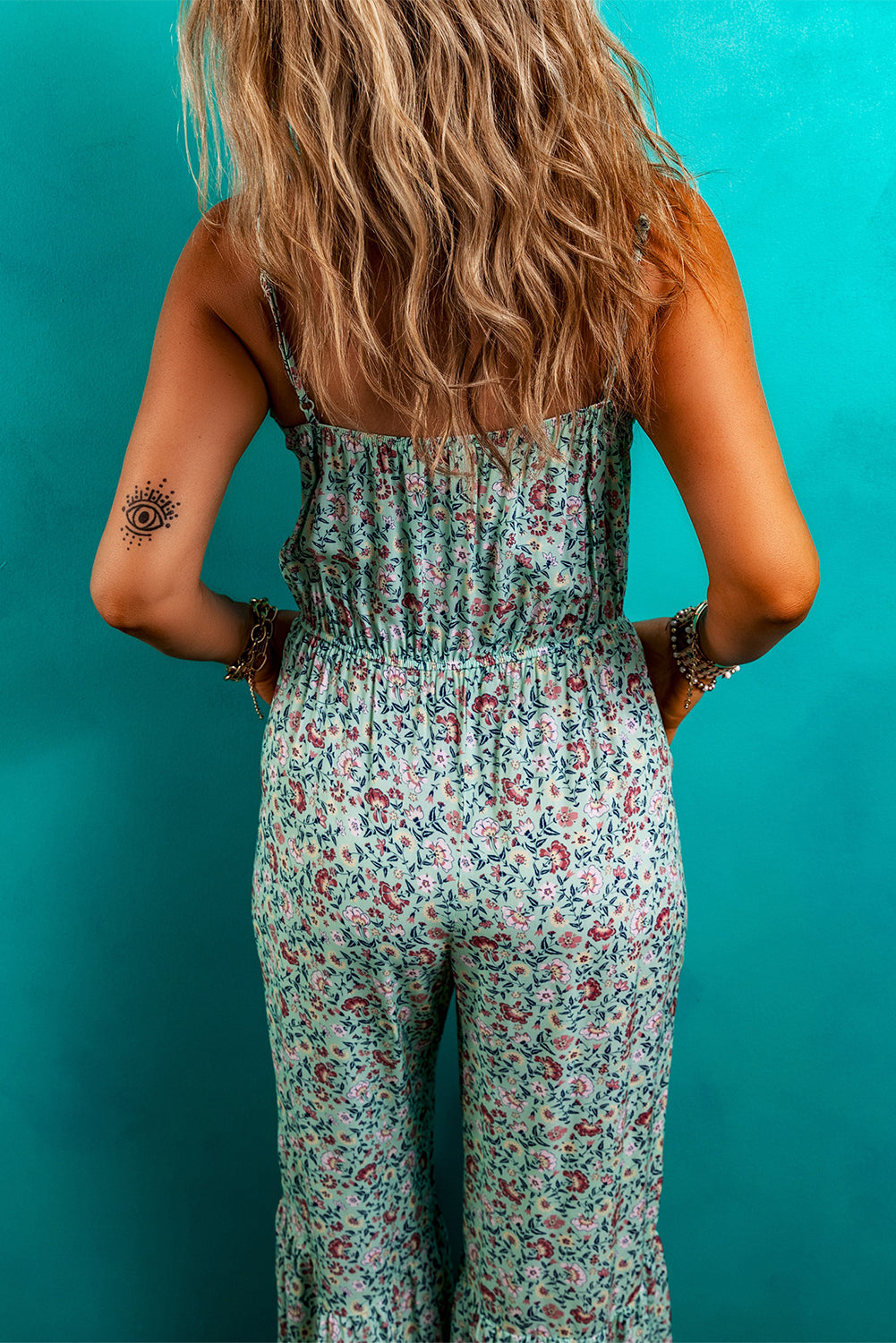 Green Bohemian Floral Ruffle Bottom Spaghetti Strap Jumpsuit