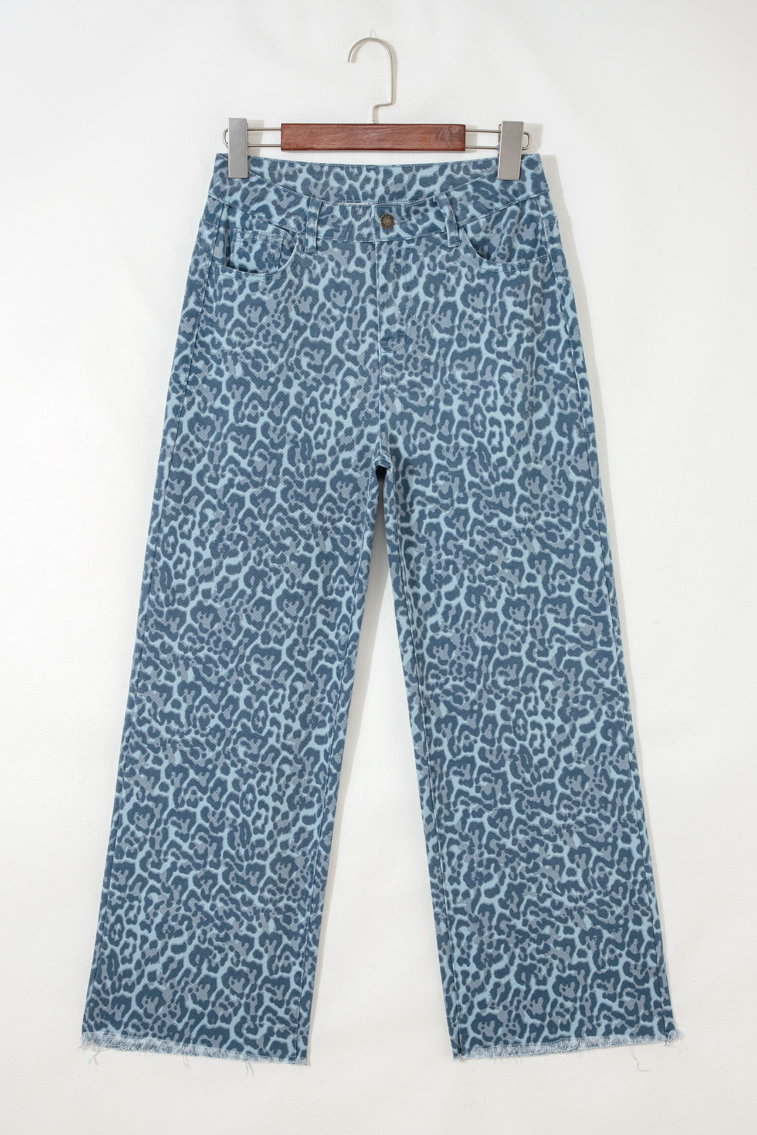 Gray Leopard Frayed Edge Wide Leg High Waist Jeans