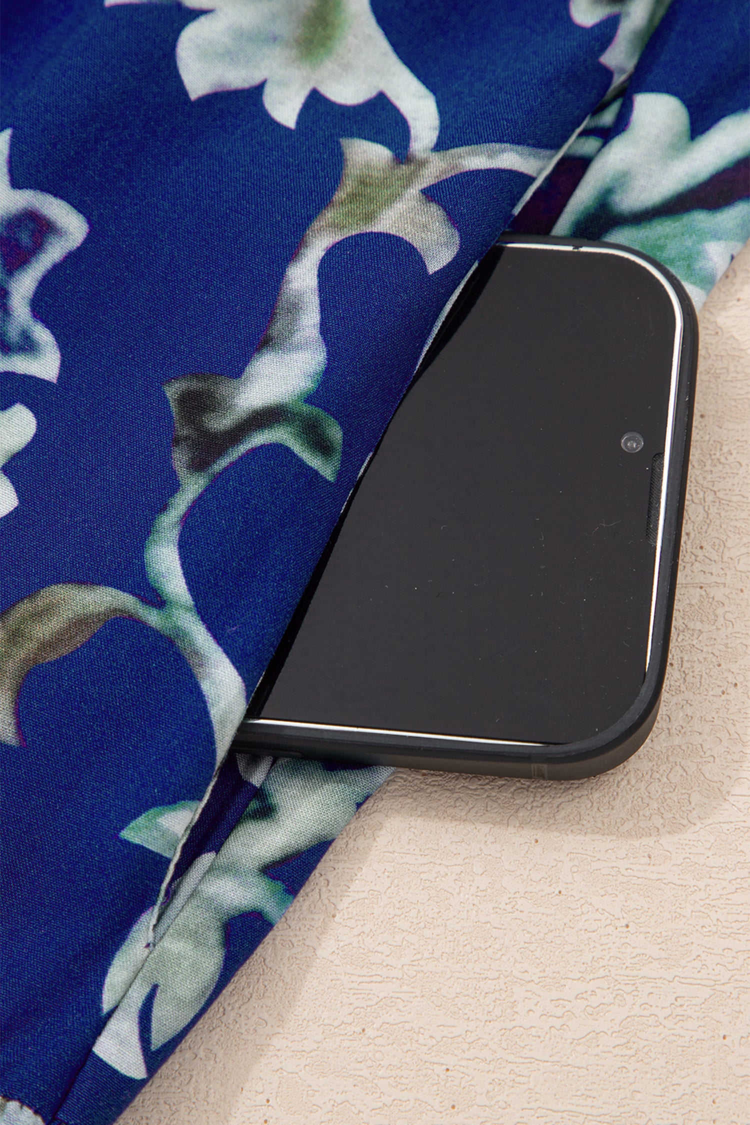 Blue Wild Floral Print Frilled Collar Half Sleeve Long Dress