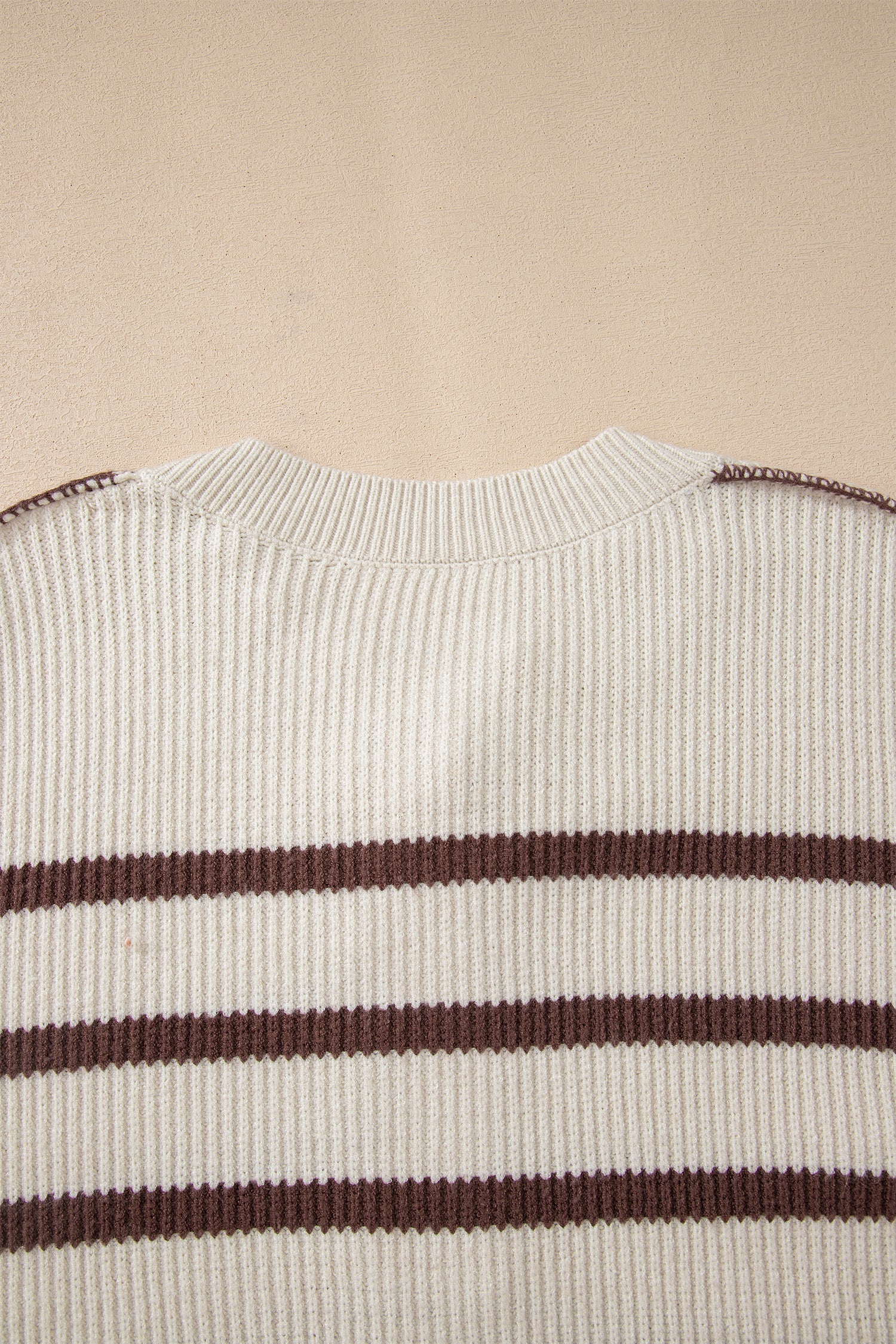 Brown Stripe Ribbed Henley Drop Shoulder Slouchy Sweater