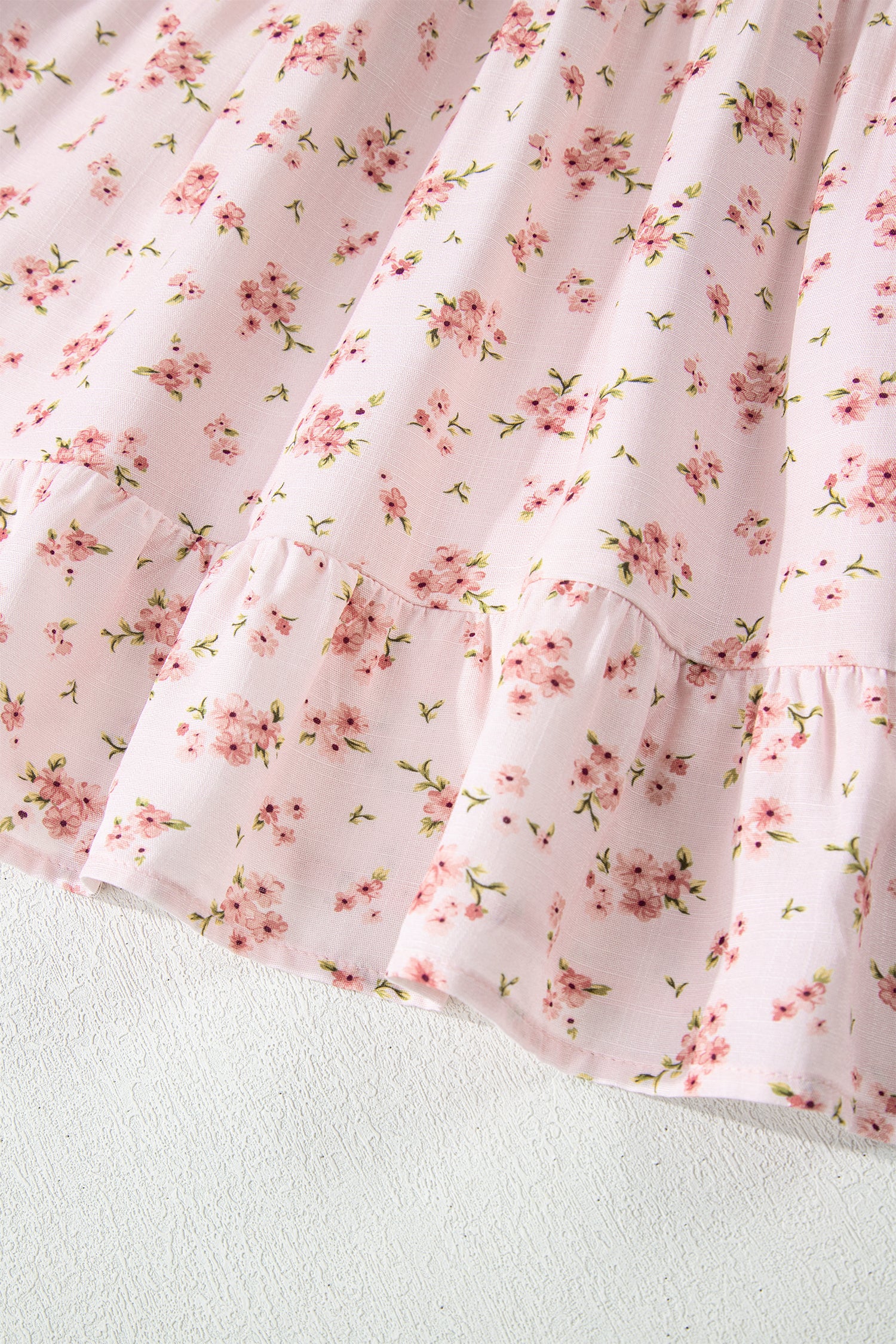 Pink Front Tie Shirred Waist Short Sleeve Ruffled Floral Mini Dress