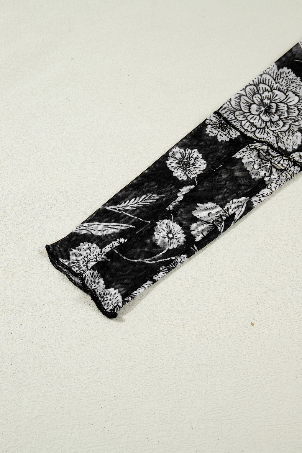 Black Thumbhole Long Sleeve Floral Print Mesh Top
