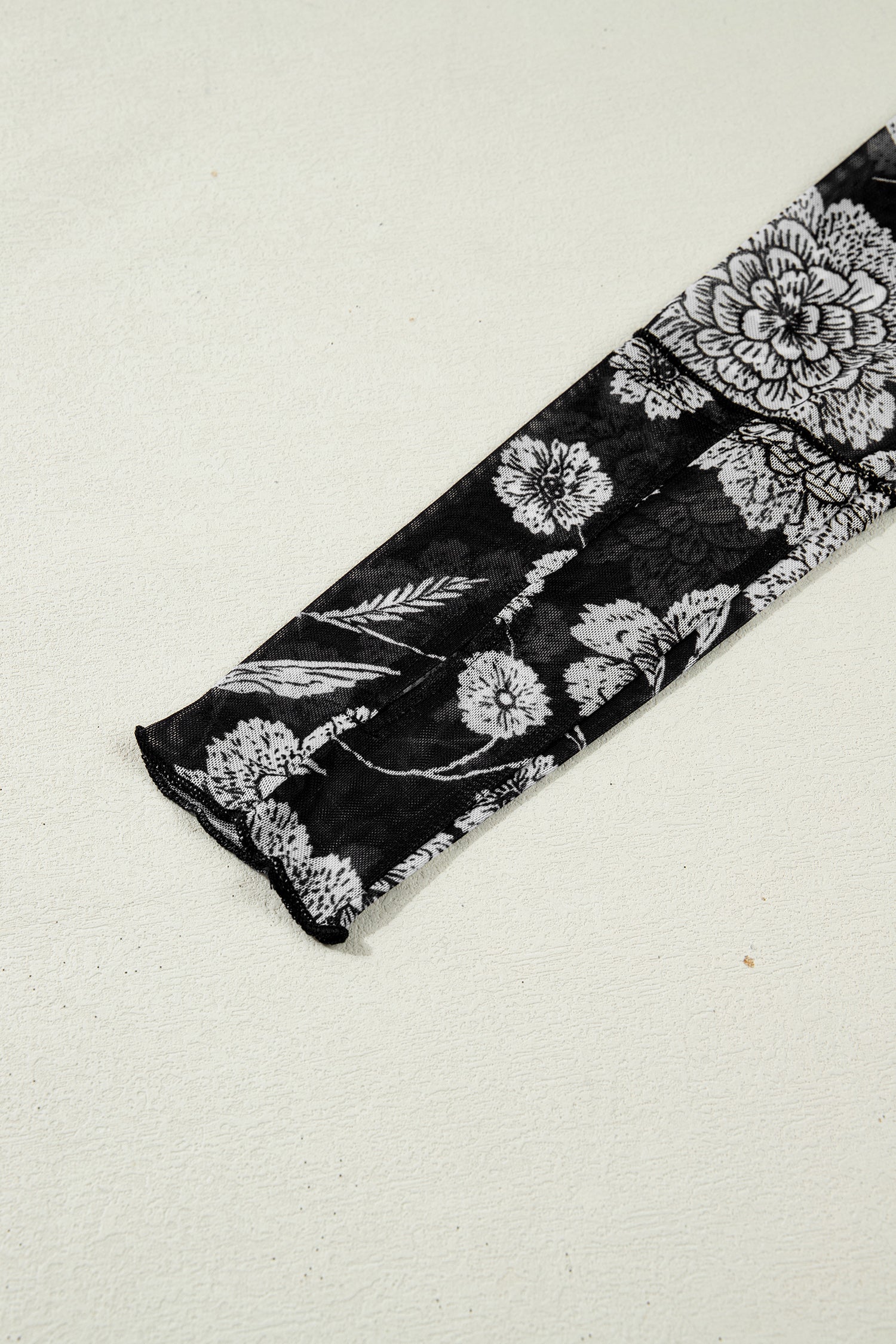 Black Thumbhole Long Sleeve Floral Print Mesh Top