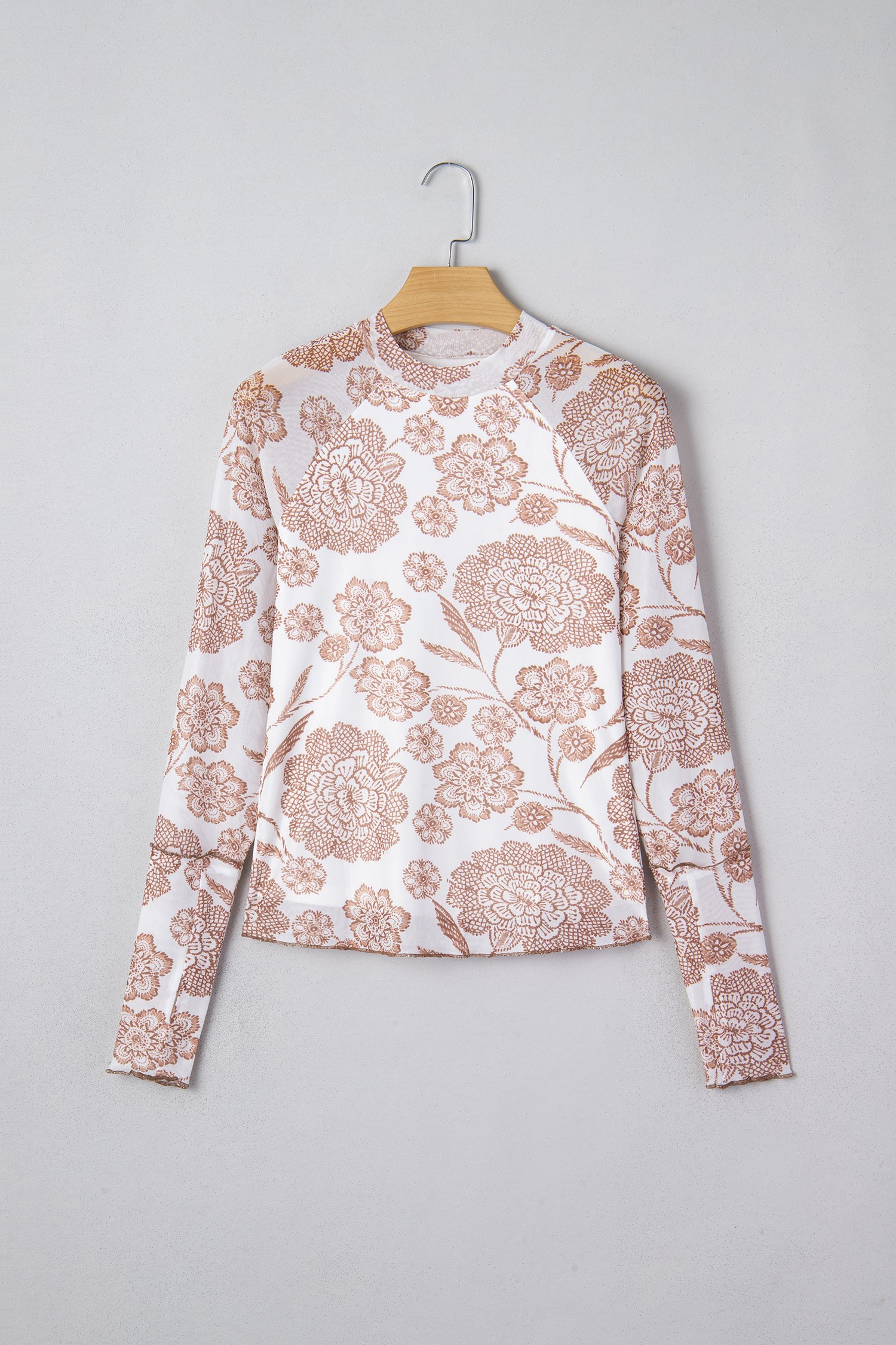 Black Thumbhole Long Sleeve Floral Print Mesh Top