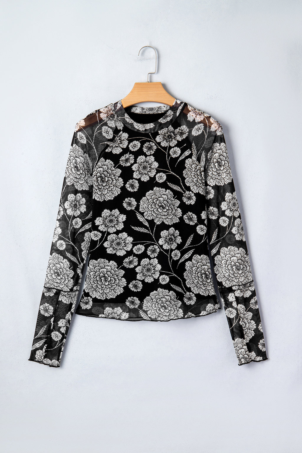 Black Thumbhole Long Sleeve Floral Print Mesh Top