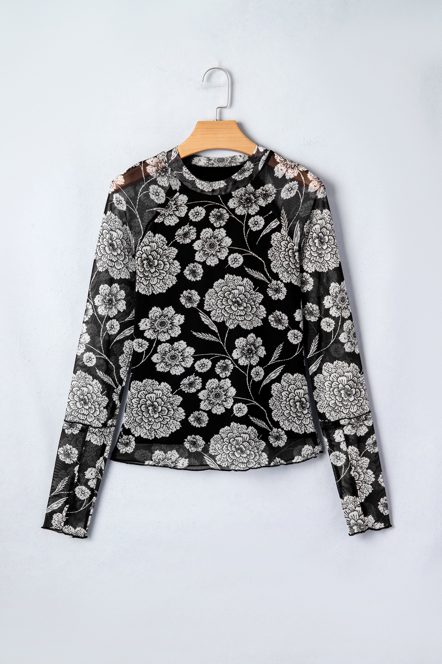 Black Thumbhole Long Sleeve Floral Print Mesh Top