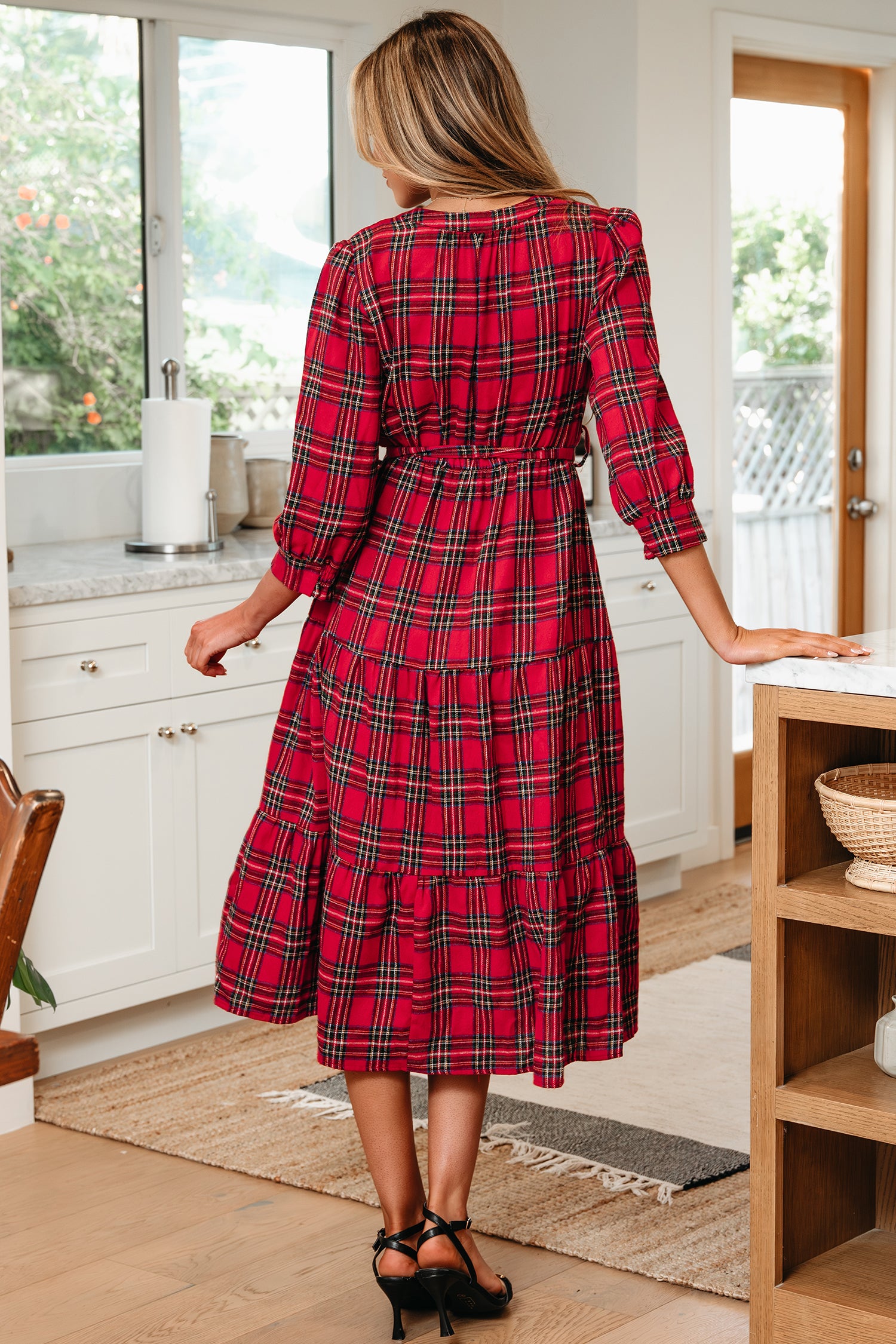 Red Christmas Plaid V Neck 3/4 Sleeve Tie Waist Ruffle Hem Long Dress