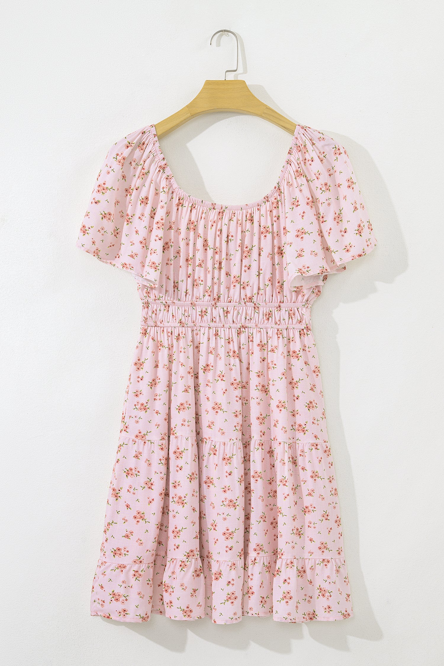Pink Front Tie Shirred Waist Short Sleeve Ruffled Floral Mini Dress