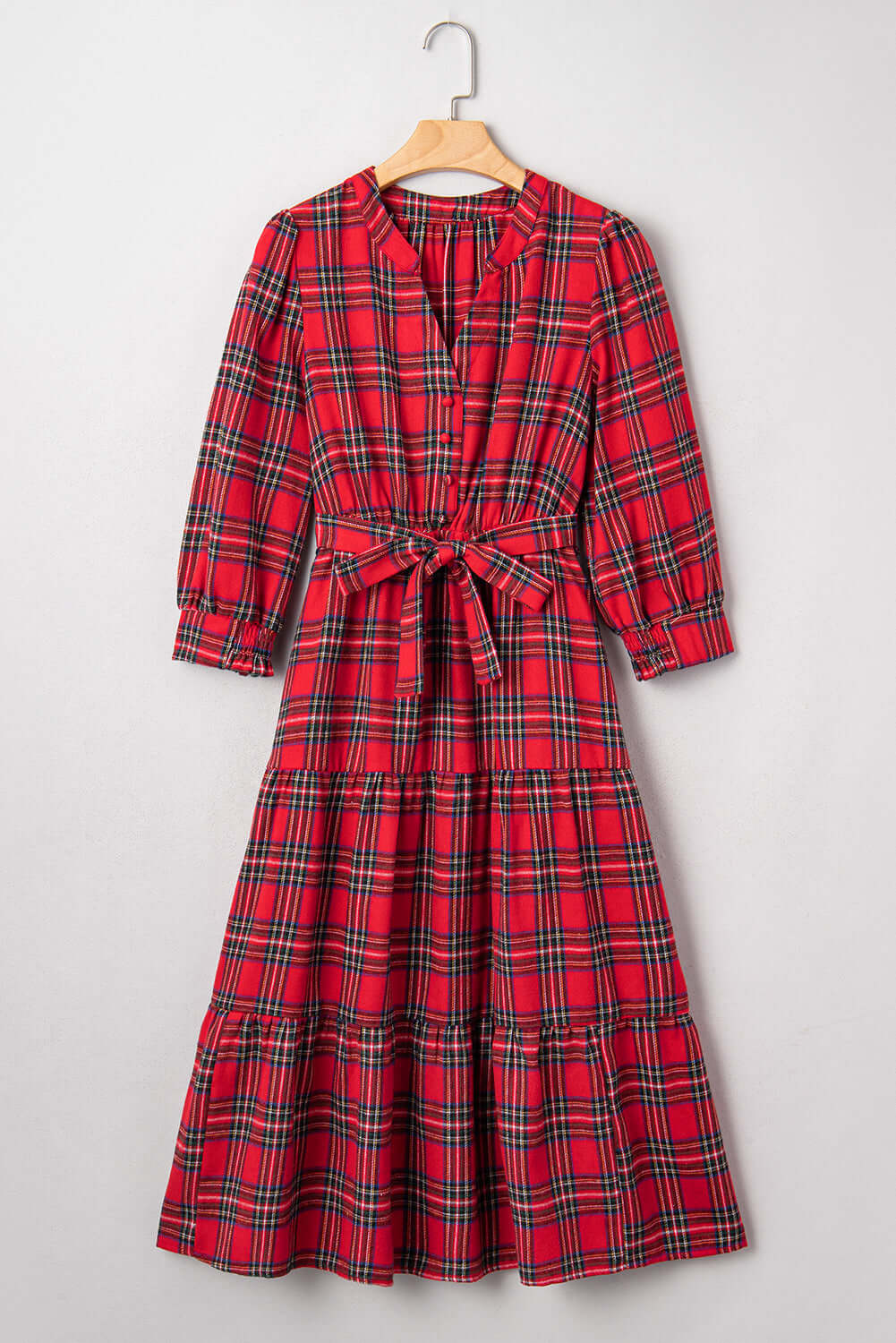 Red Christmas Plaid V Neck 3/4 Sleeve Tie Waist Ruffle Hem Long Dress