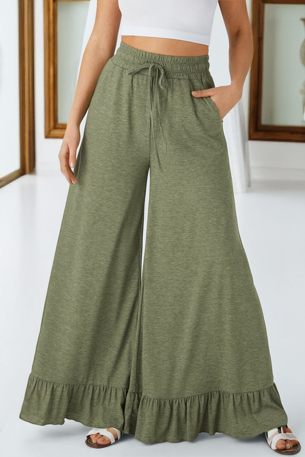 Jungle Green Ruffled Wide Leg Pull On High Waist Pants with Pockets