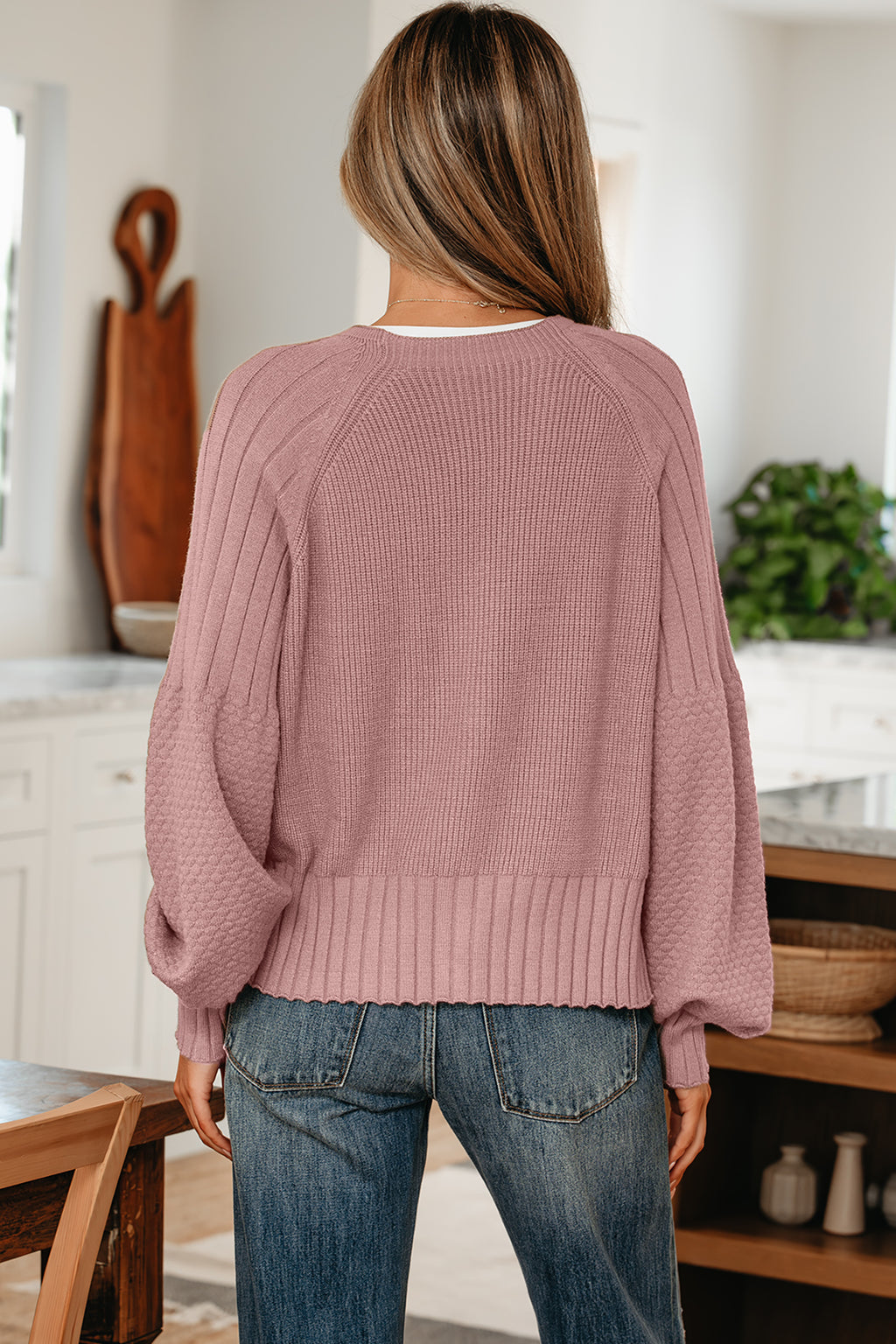 Light Pink Mixed Texture Knit Button V Neck Sweater Cardigan