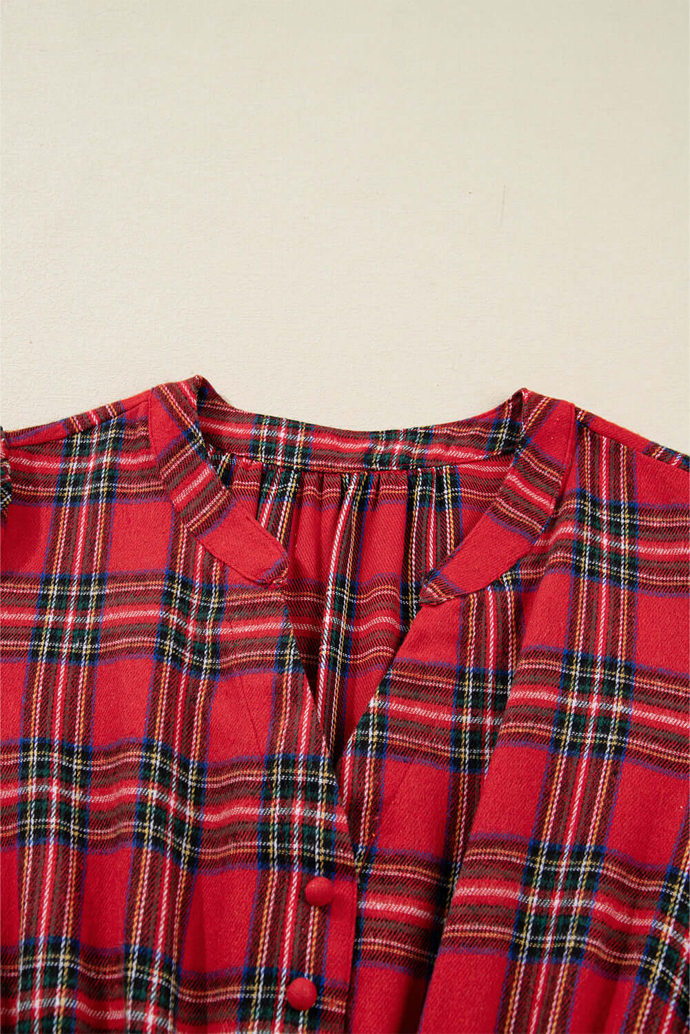 Red Christmas Plaid V Neck 3/4 Sleeve Tie Waist Ruffle Hem Long Dress