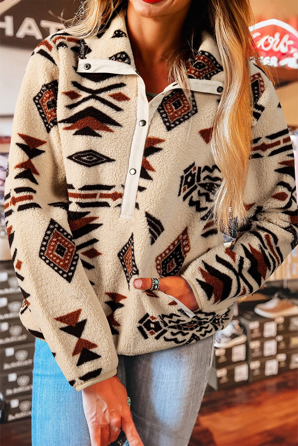 Khaki Western Aztec Half Placket Plush Sweatshirt