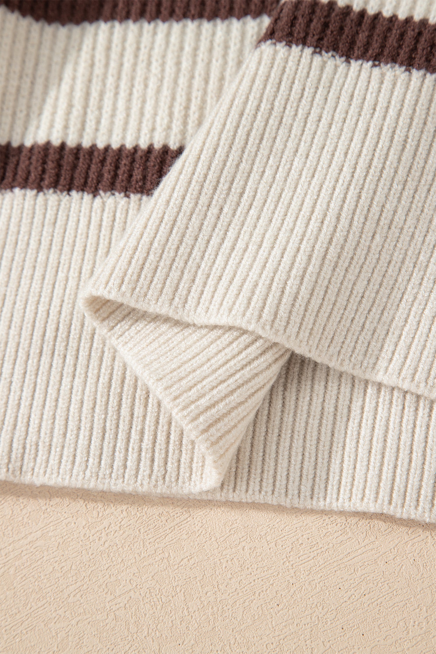 Brown Stripe Ribbed Henley Drop Shoulder Slouchy Sweater