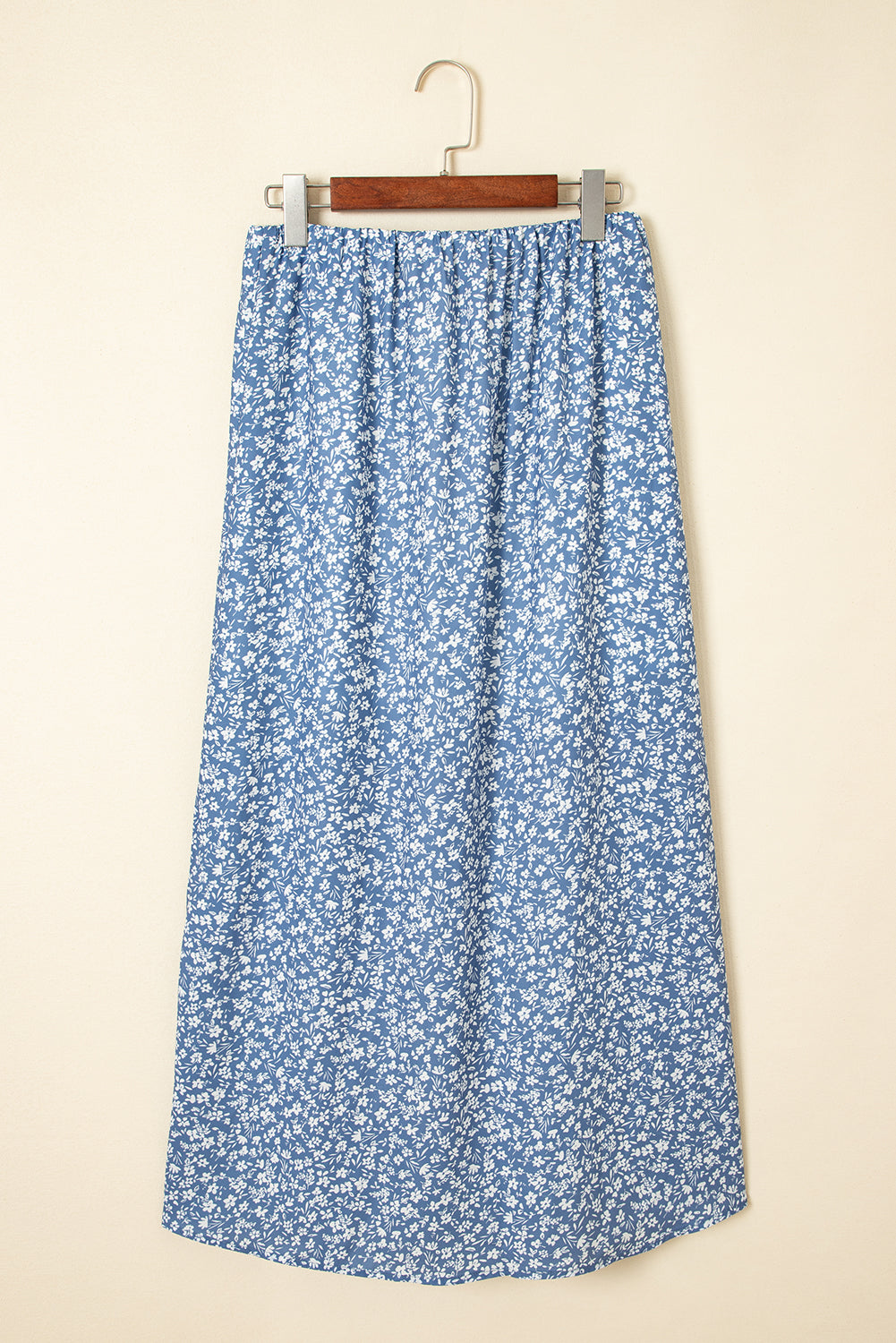 Sky Blue Boho Floral High Waist Long Skirt with Side Split