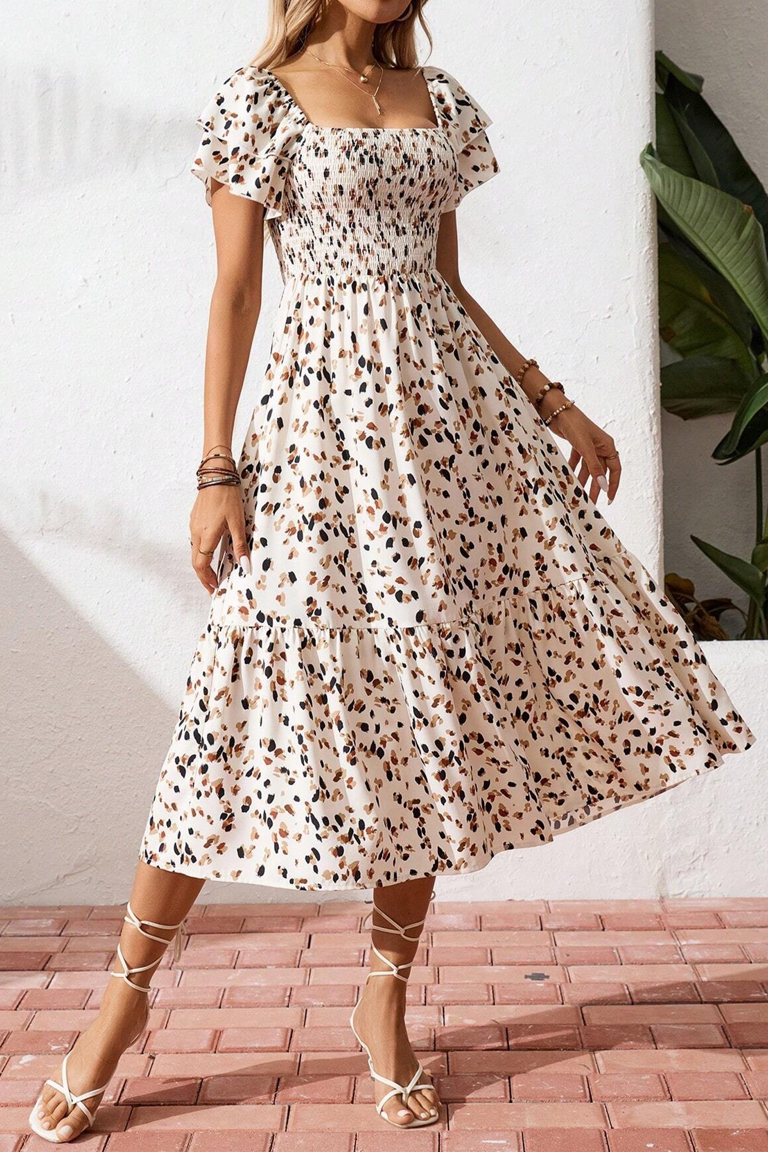 square neck short sleeve ruched floral midi dress BLENCOT Casual Womens Summer Short Sleeve Square Neck Split Thigh Dress Boho Floral Print Tie Front Ruched Midi Dresses AP120White Small Size at Amazon Women's Clothing store