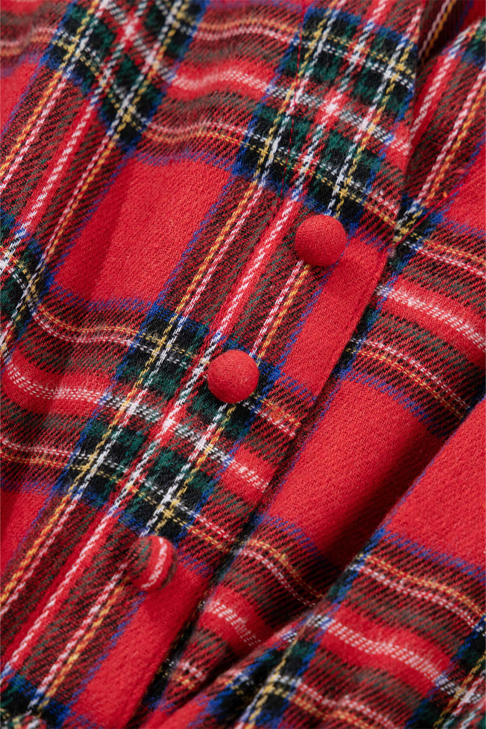 Red Christmas Plaid V Neck 3/4 Sleeve Tie Waist Ruffle Hem Long Dress