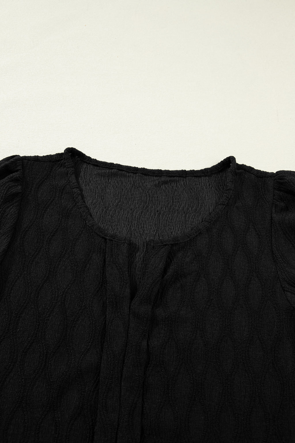 White Solid Color Textured Notched Neck Puff Sleeve Blouse