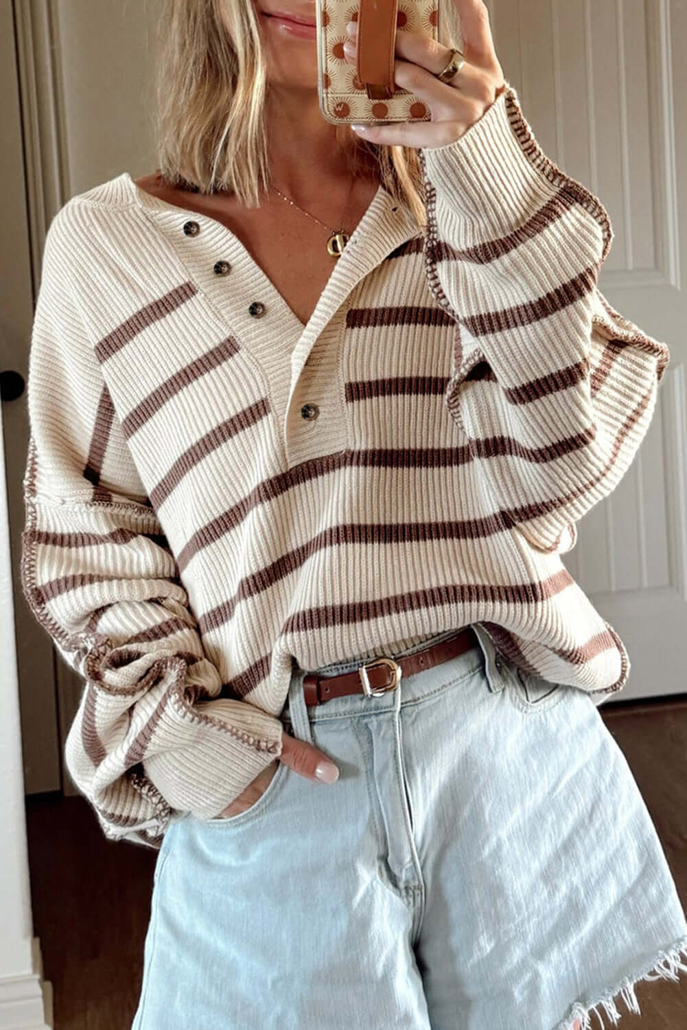 Brown Stripe Ribbed Henley Drop Shoulder Slouchy Sweater