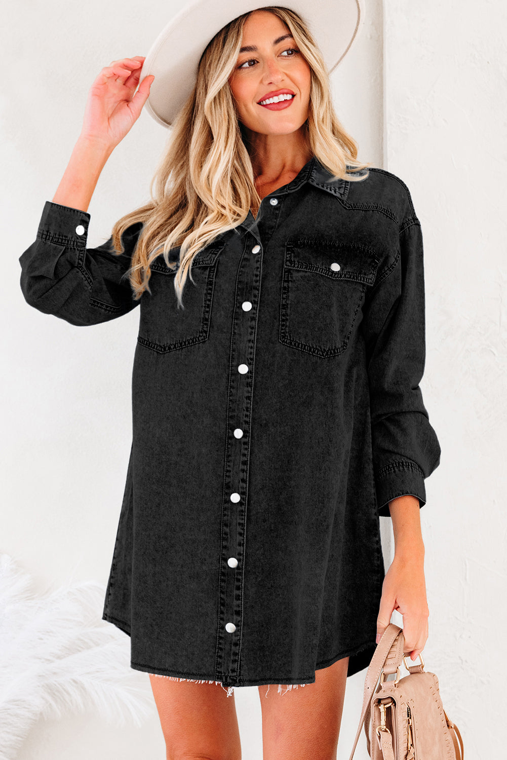 Medium Grey Beau Chest Pocket Raw Hem Denim Loose Shirt Dress