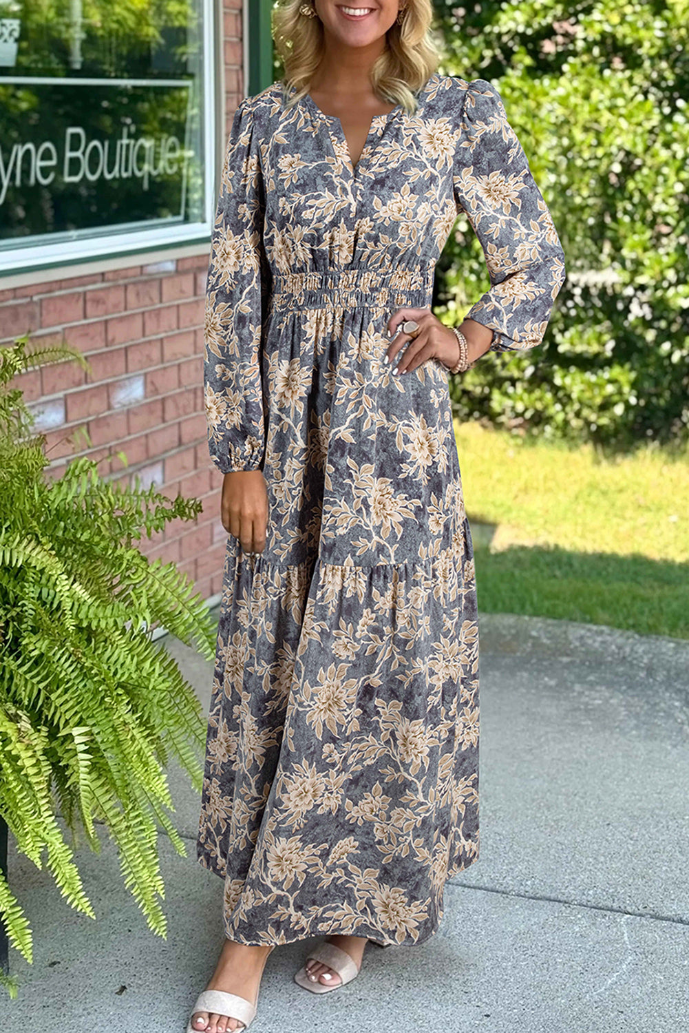 Brown Floral Print Smocked High Waist Long Sleeve Maxi Dress