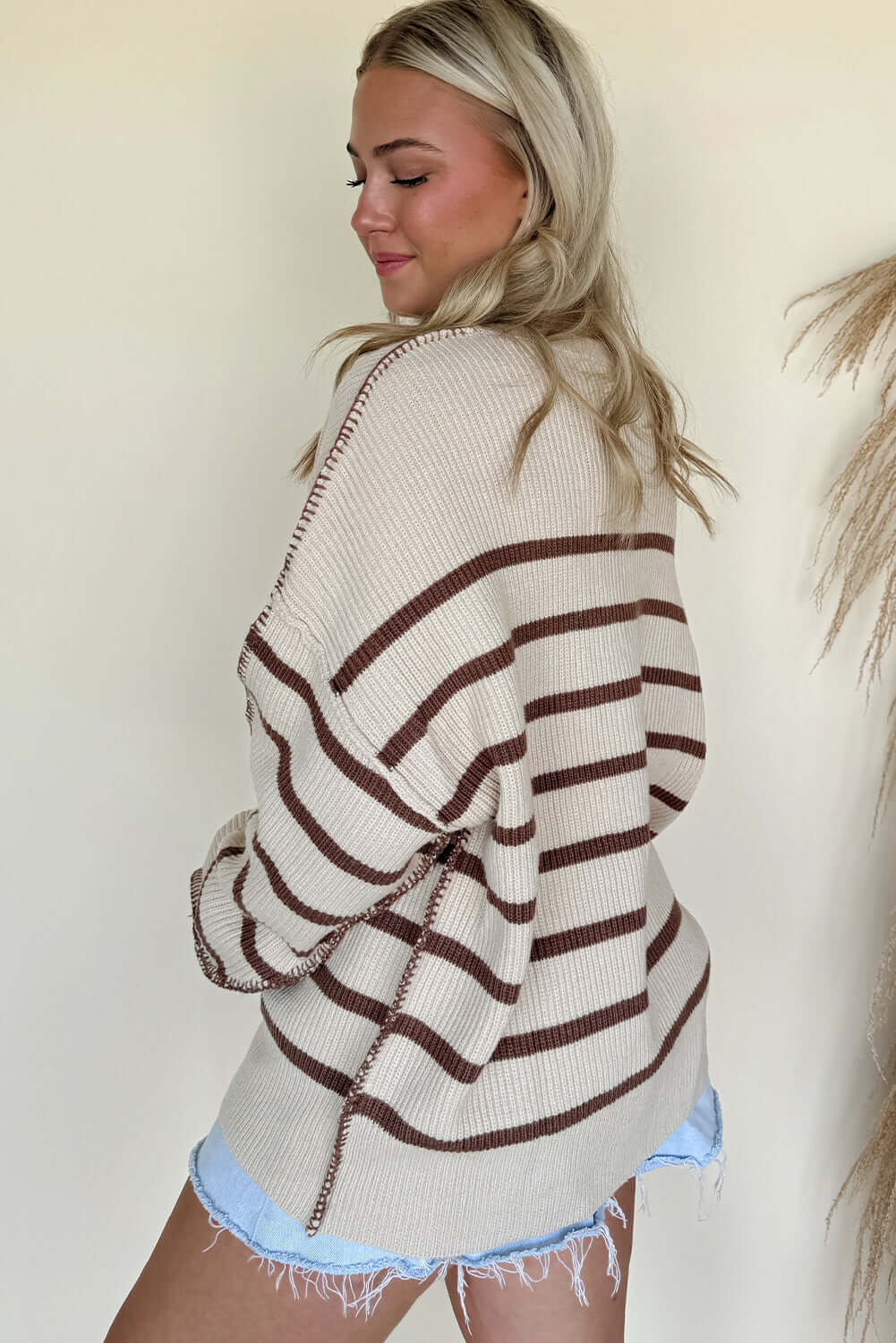 Brown Stripe Ribbed Henley Drop Shoulder Slouchy Sweater