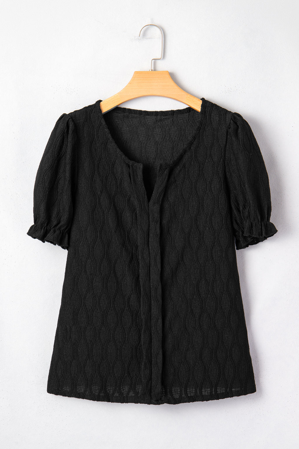 White Solid Color Textured Notched Neck Puff Sleeve Blouse