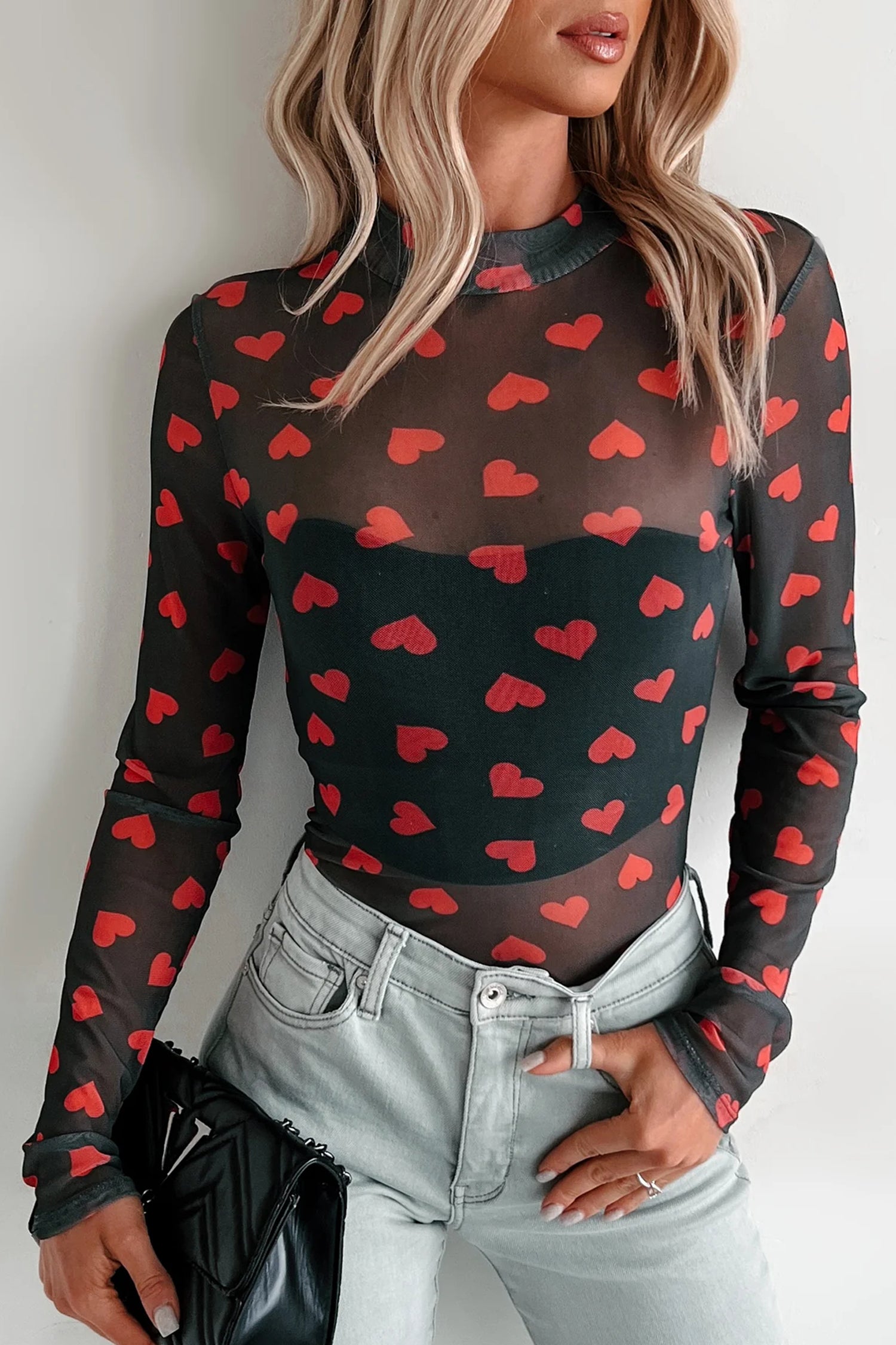 Pink Valentines Heart Printed Sheer Mesh Long Sleeve Top