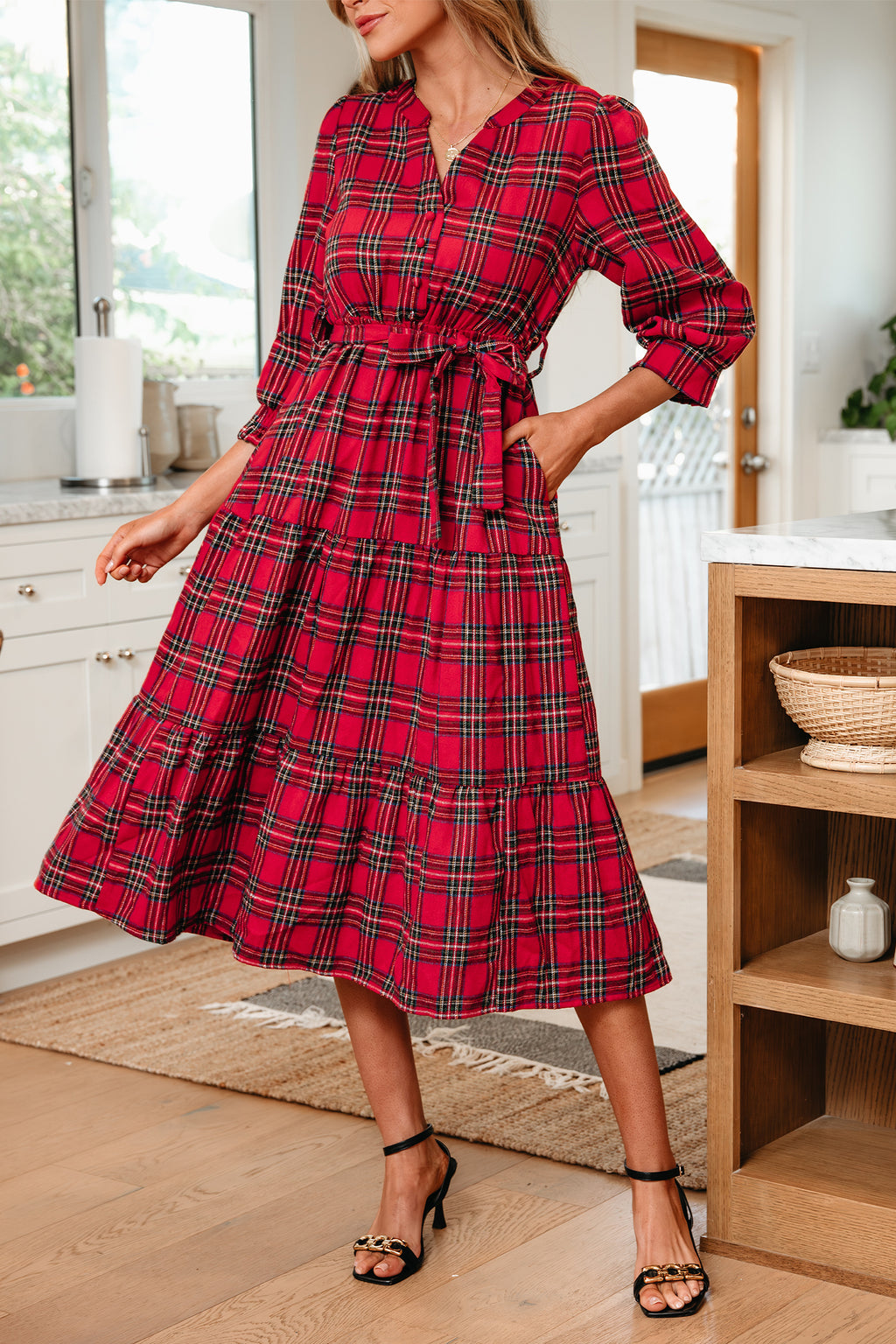 Red Christmas Plaid V Neck 3/4 Sleeve Tie Waist Ruffle Hem Long Dress