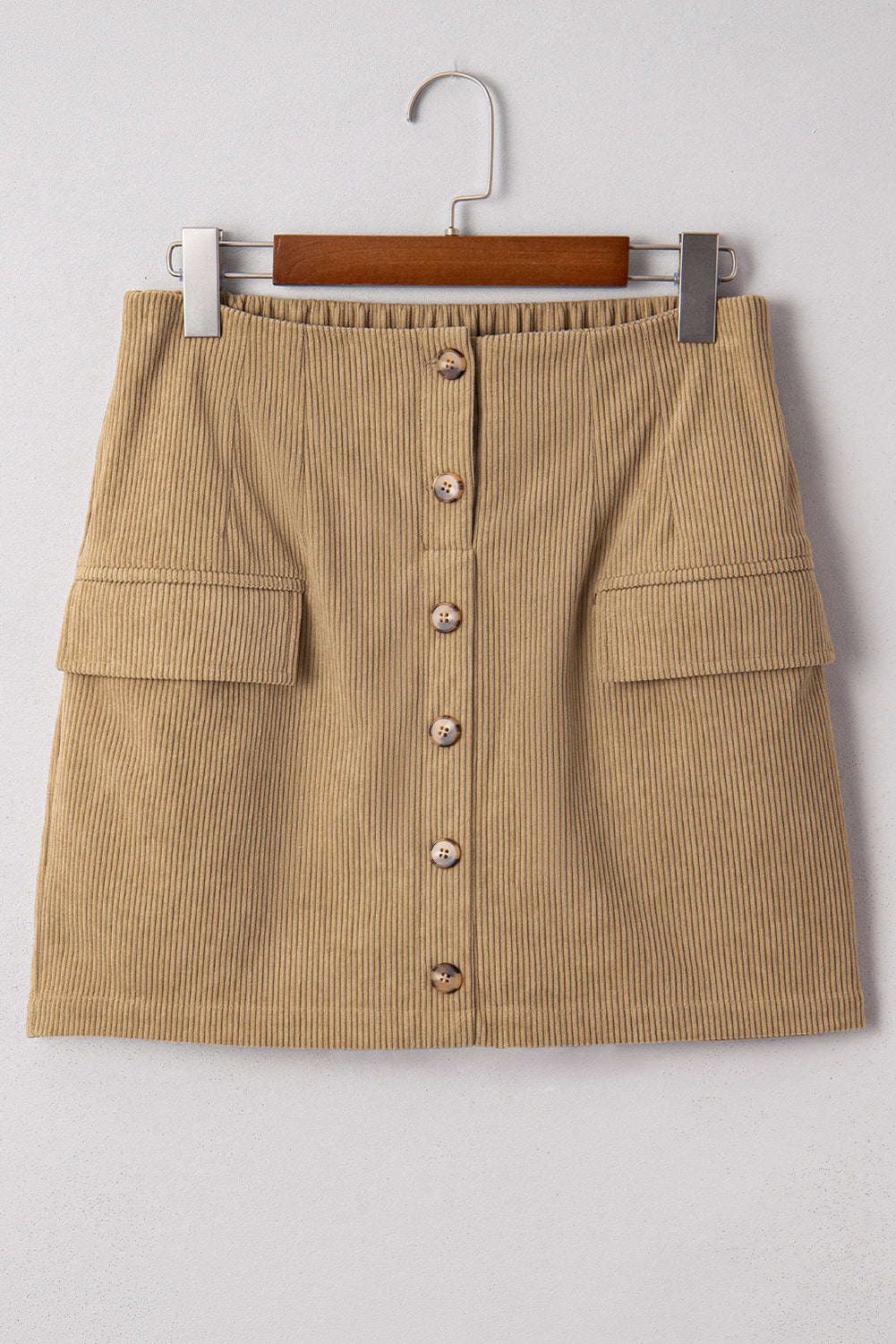 Camel Corduroy Buttoned Front Faux Pockets Mini Skirt