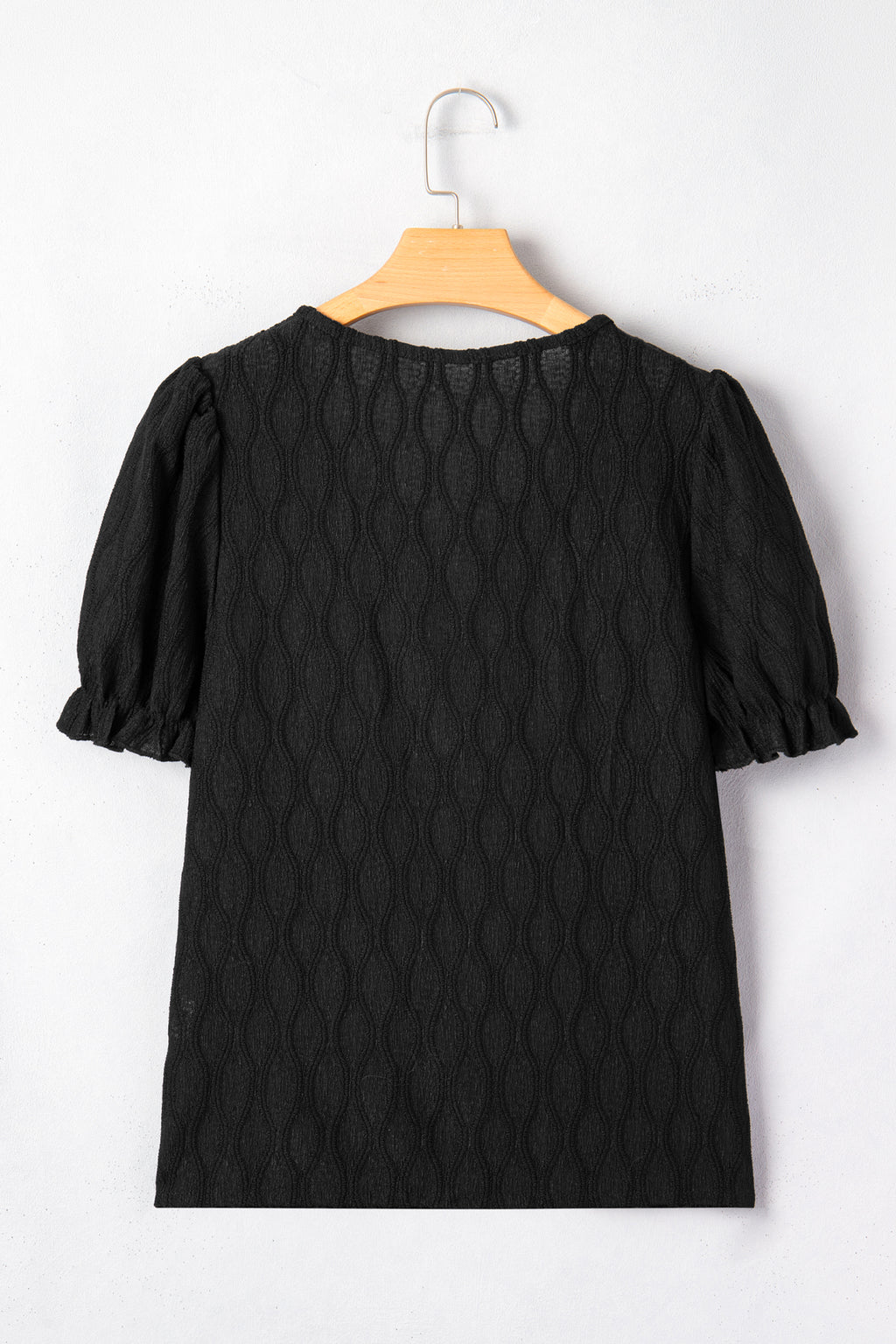 White Solid Color Textured Notched Neck Puff Sleeve Blouse