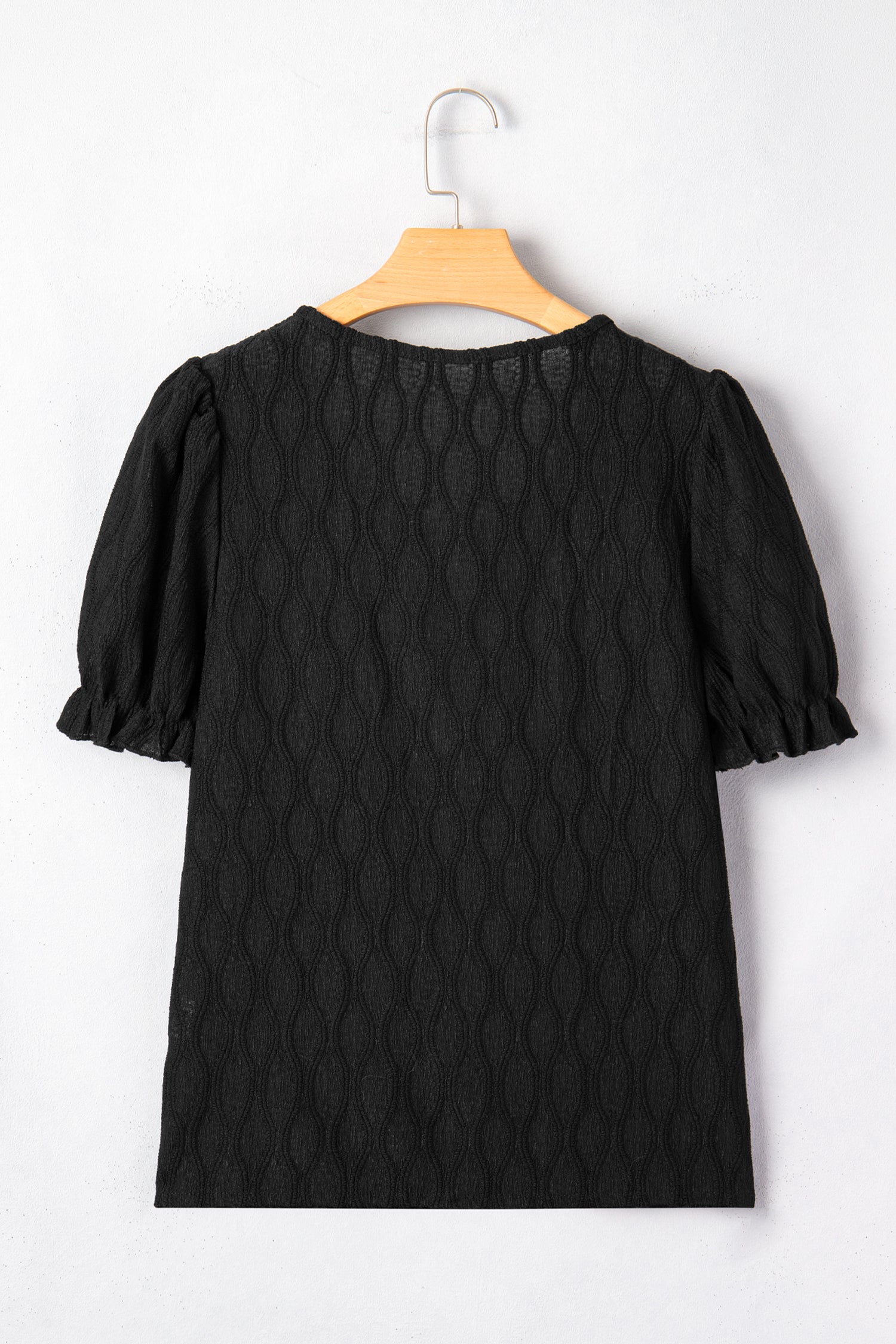 White Solid Color Textured Notched Neck Puff Sleeve Blouse