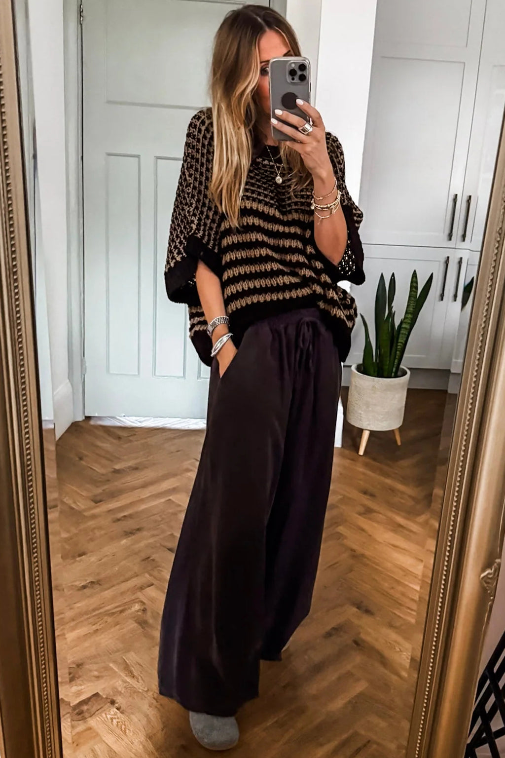 Green Stripe 3/4 Draped Sleeve Slouchy Sweater