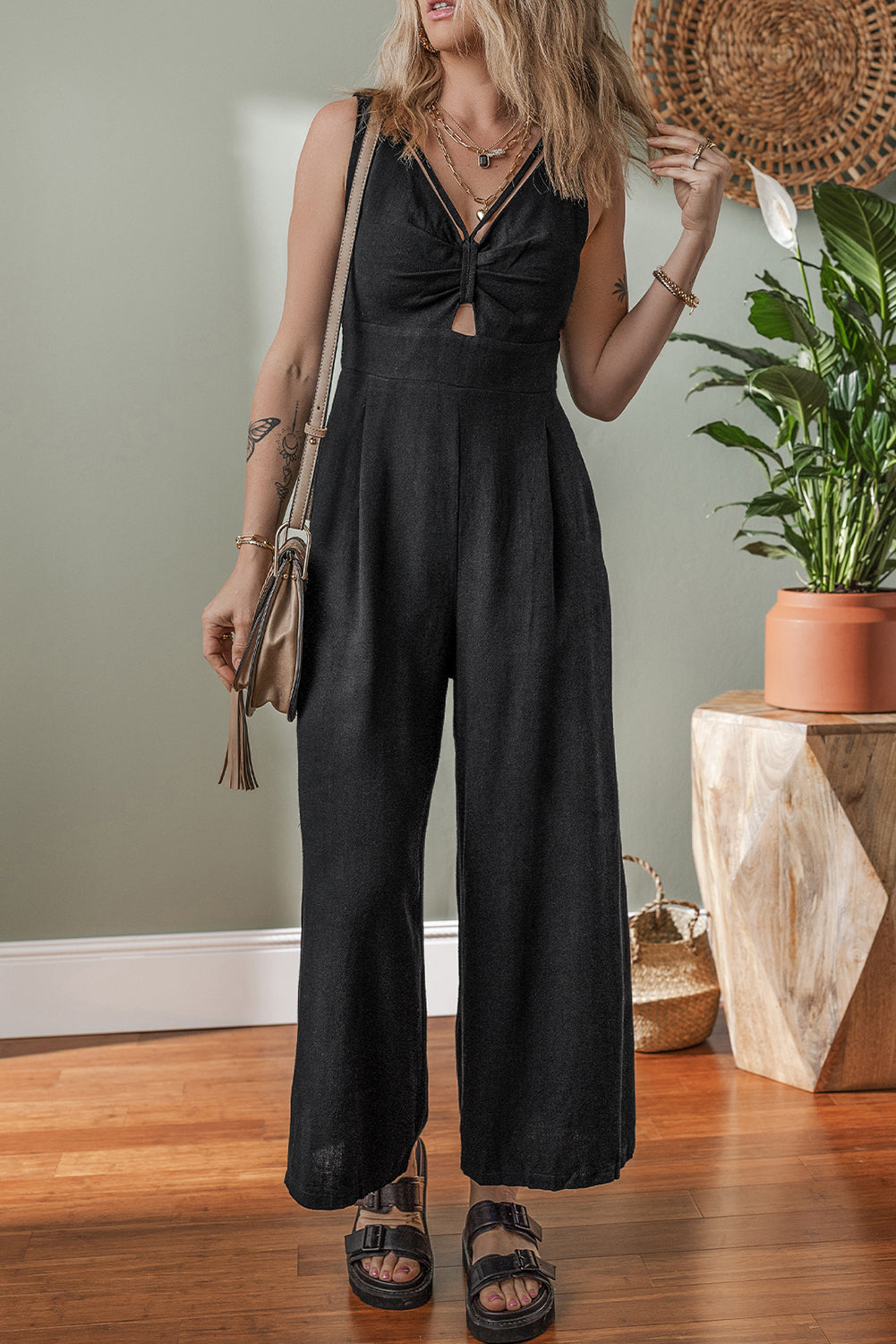 Black Front Cut Out Smocked Back Sleeveless Wide Leg Jumpsuit