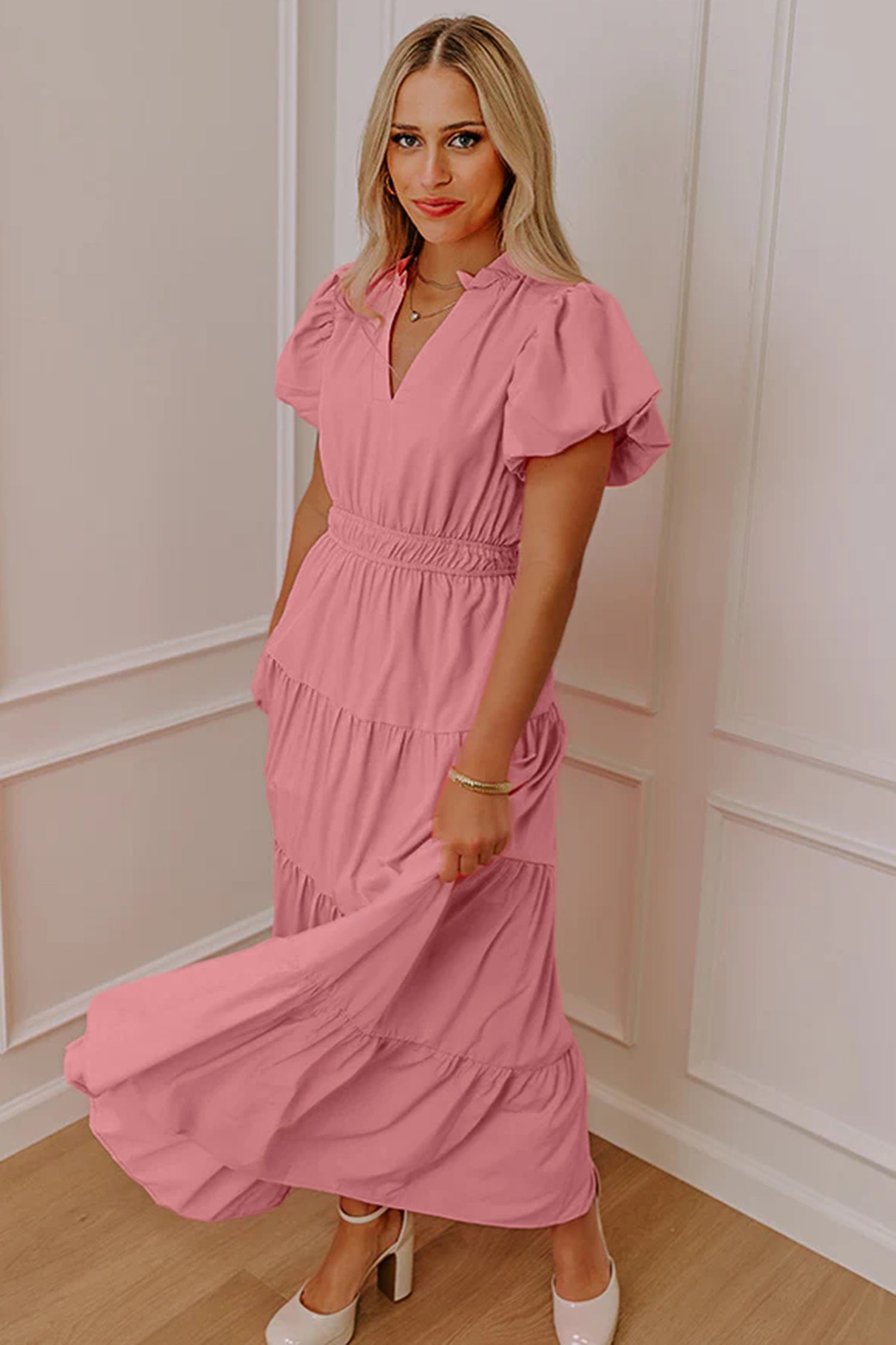 Bright Green Solid Color V Neck Short Puff Sleeve High Waist Tiered Maxi Dress