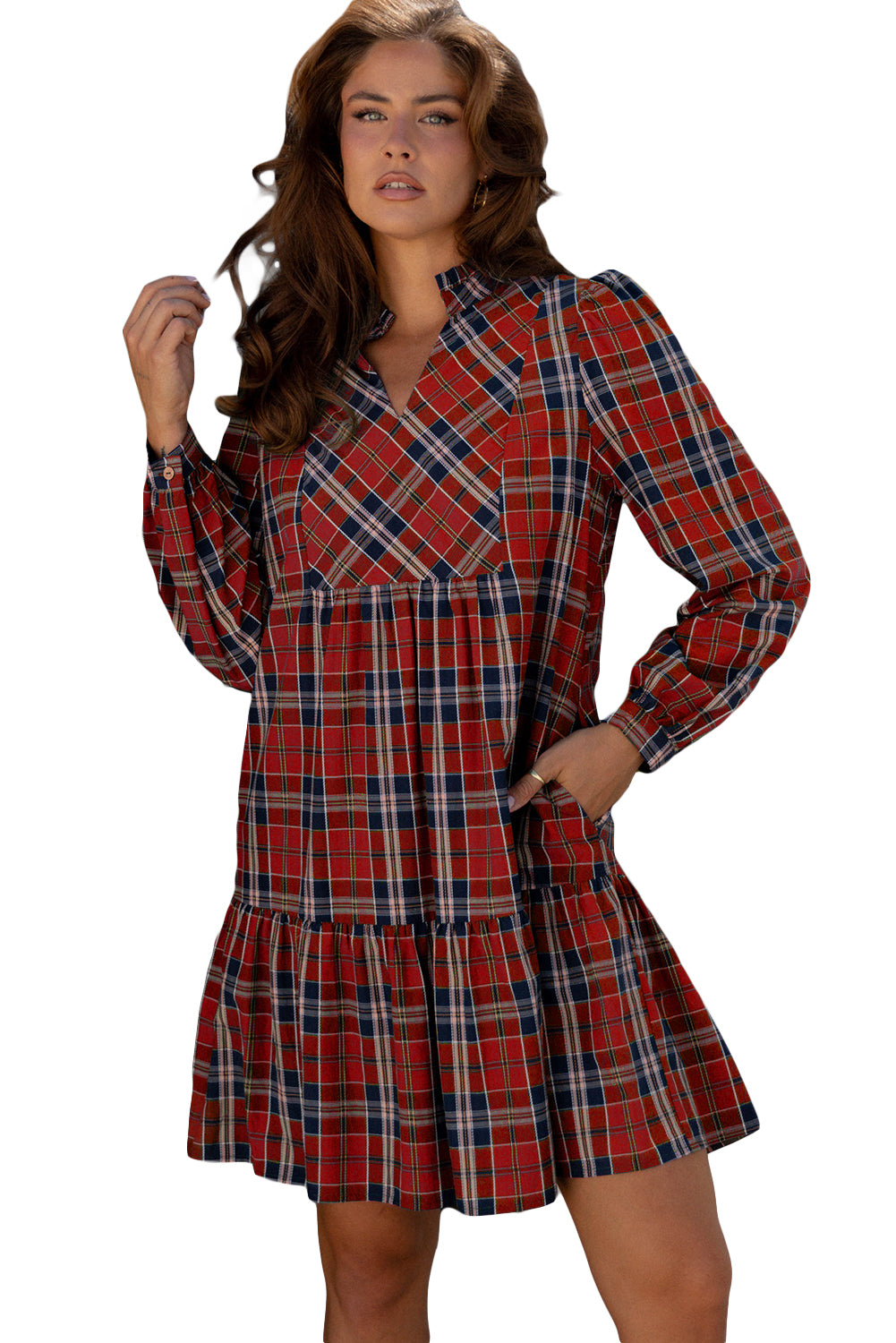 Red Plaid Print Frilly Collar Long Sleeve Shift Mini Dress