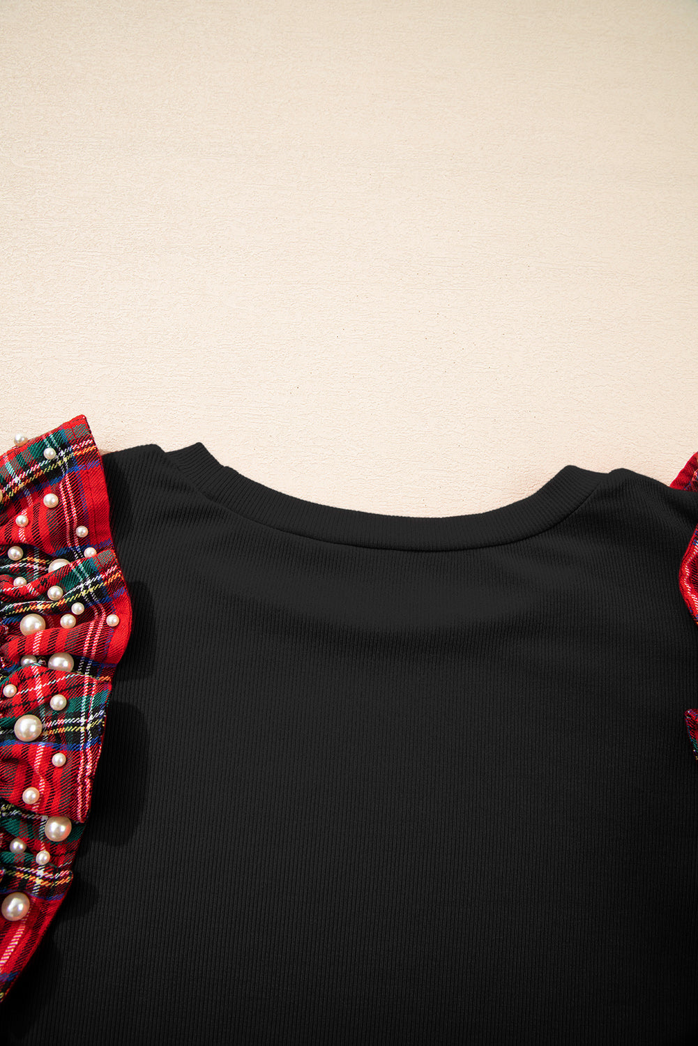 Racing Red Plaid Pearl Ruffle Short Sleeve Loose T Shirt