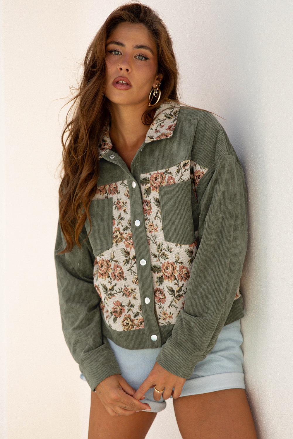 Dearlovers Sage Green Ribbed Retro Floral Patchwork Shirt Style Jacket