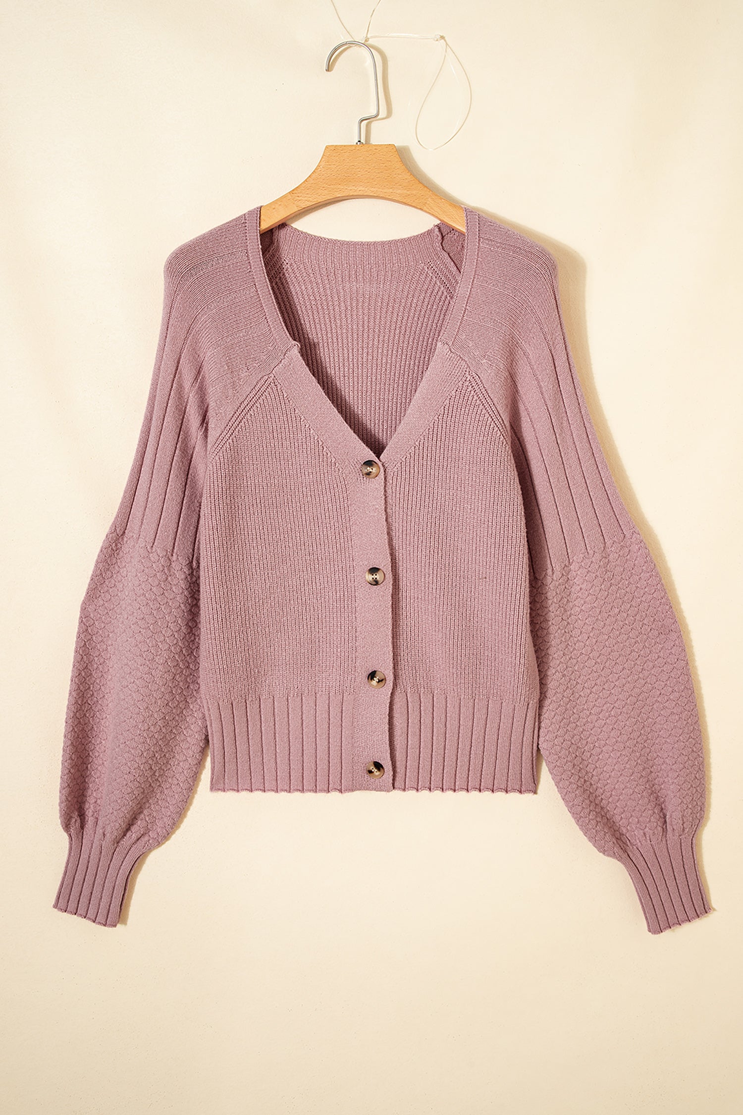 Light Pink Mixed Texture Knit Button V Neck Sweater Cardigan