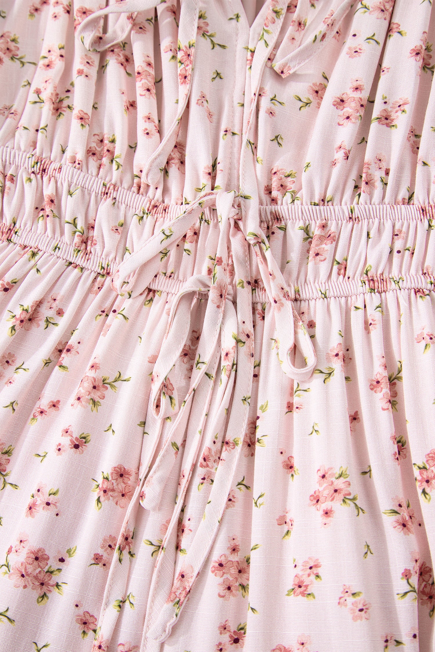 Pink Front Tie Shirred Waist Short Sleeve Ruffled Floral Mini Dress