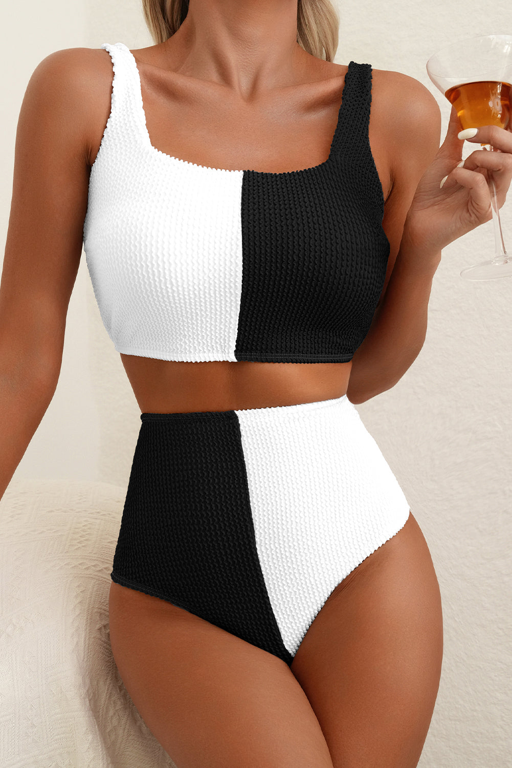 Black Corded Solid Square Neck Bikini Swimsuit