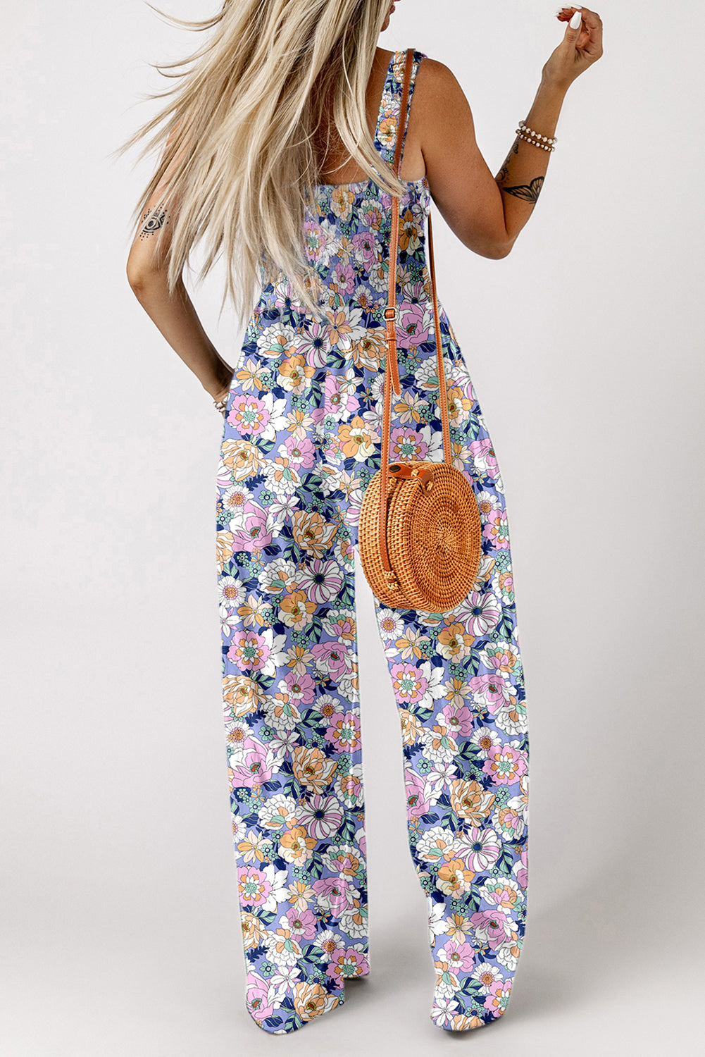 Purple Floral Print Smocked High Waist Square Neck Jumpsuit