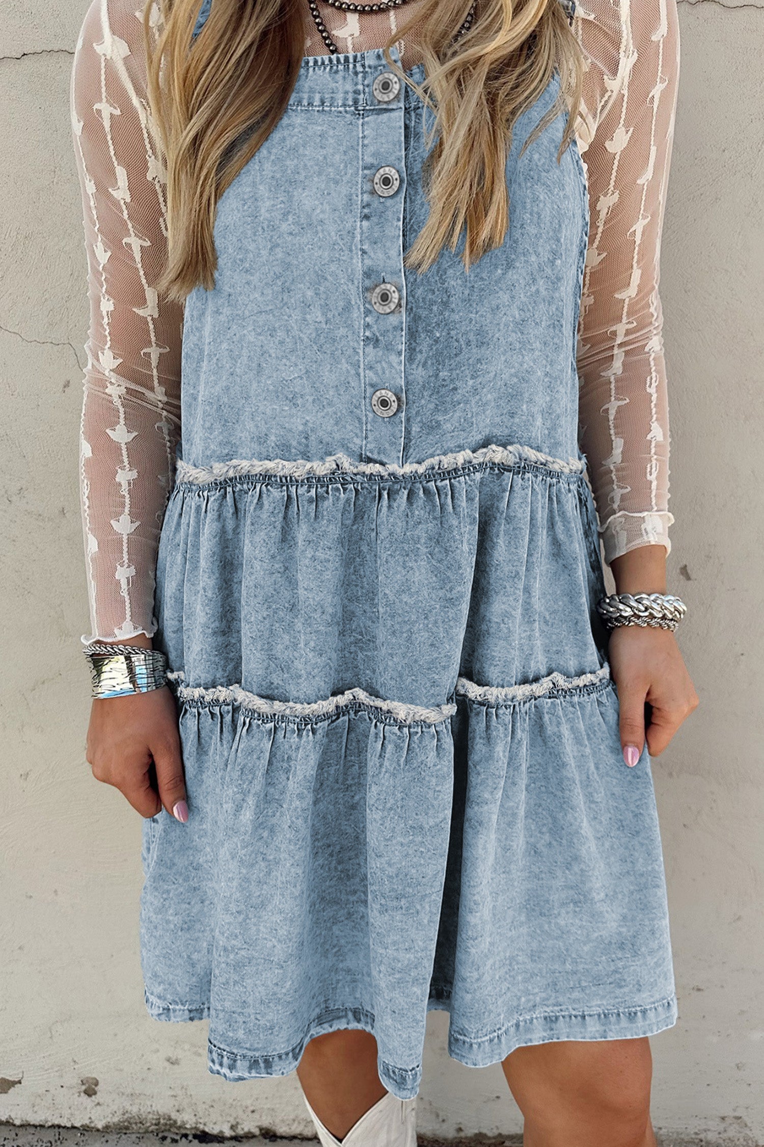 Dusk Blue Light Wash Tiered Flowy Overall Denim Dress