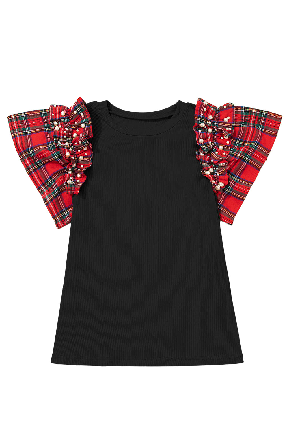 Racing Red Plaid Pearl Ruffle Short Sleeve Loose T Shirt