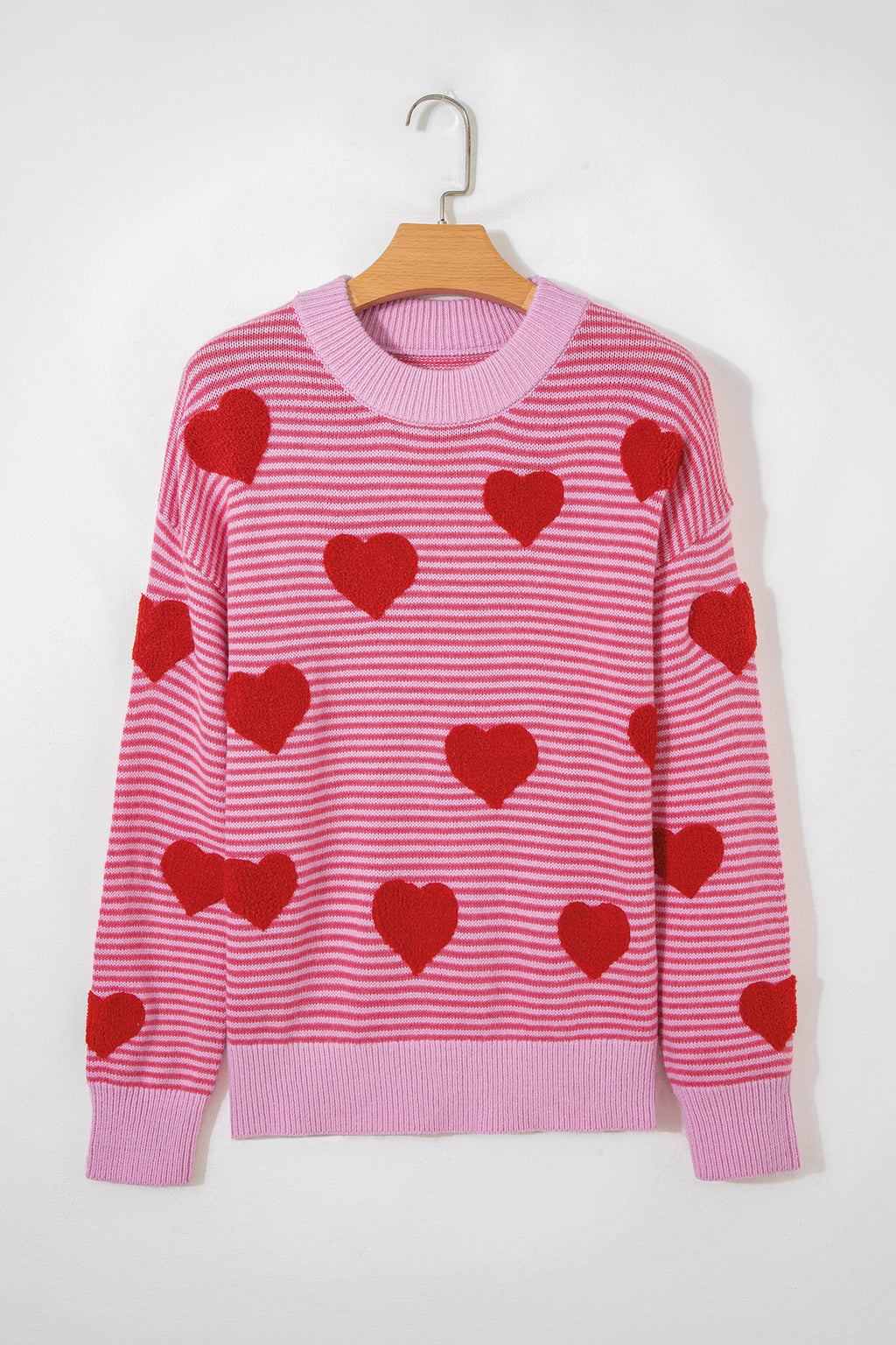 Gray Stripe Contrast Heart Pattern Valentine Knit Sweater