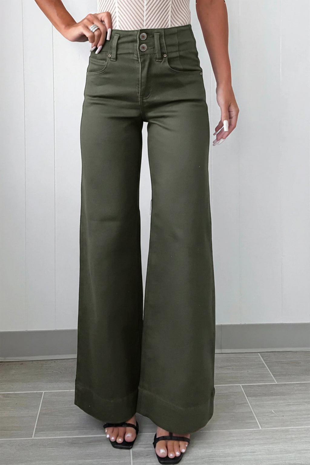 Mist Green 2-Button High Waist Flared Bottom Jeans