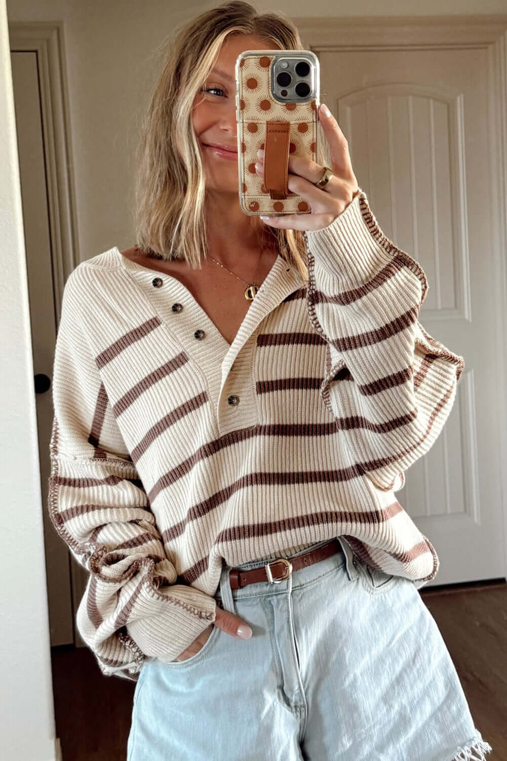 Brown Stripe Ribbed Henley Drop Shoulder Slouchy Sweater